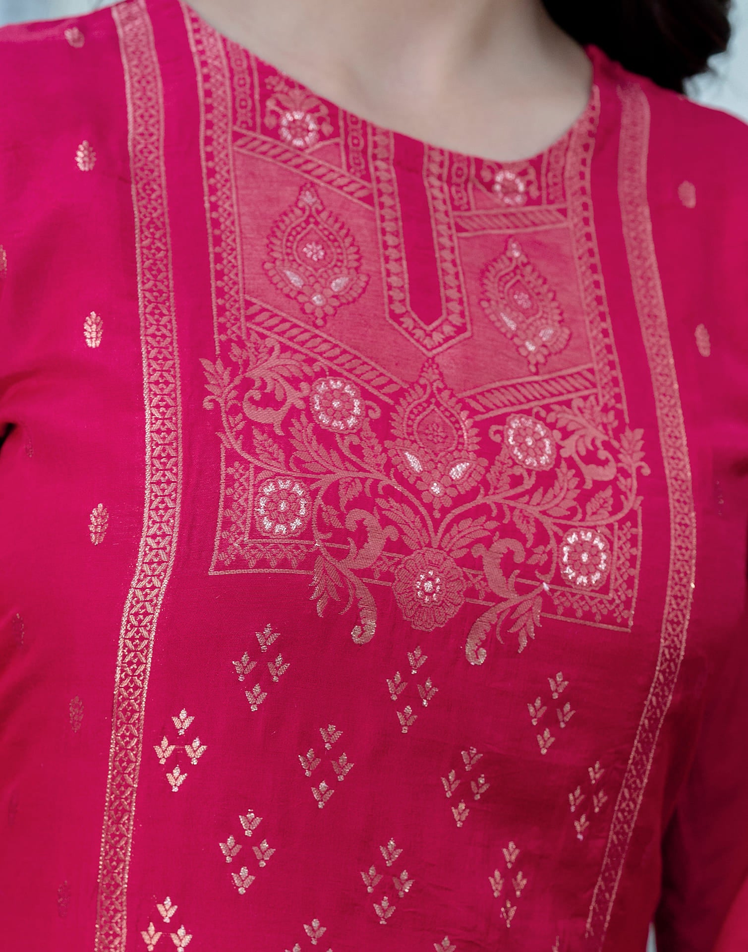 Punch Pink Silk Woven Straight Kurta Set With Dupatta