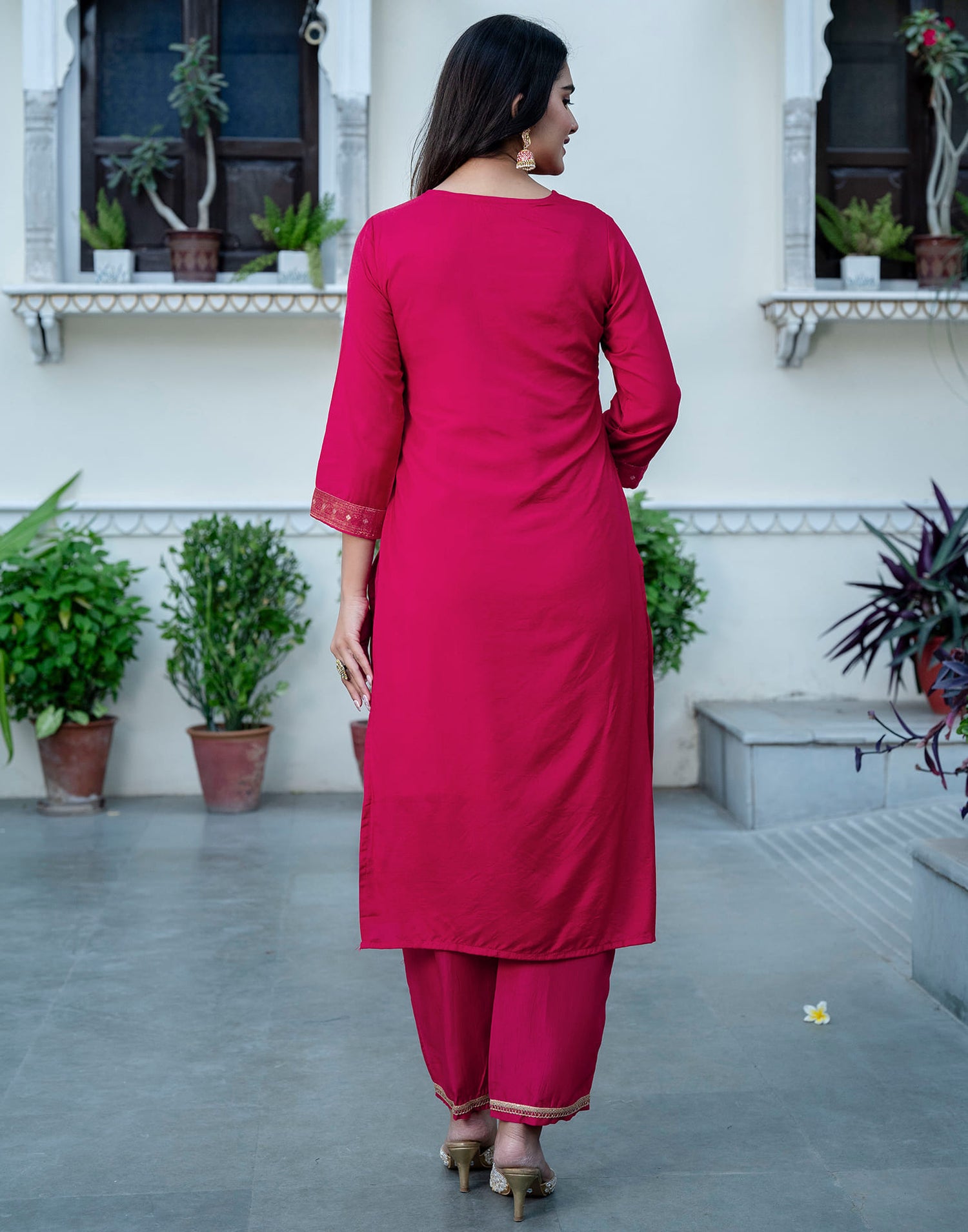 Punch Pink Silk Woven Straight Kurta Set With Dupatta