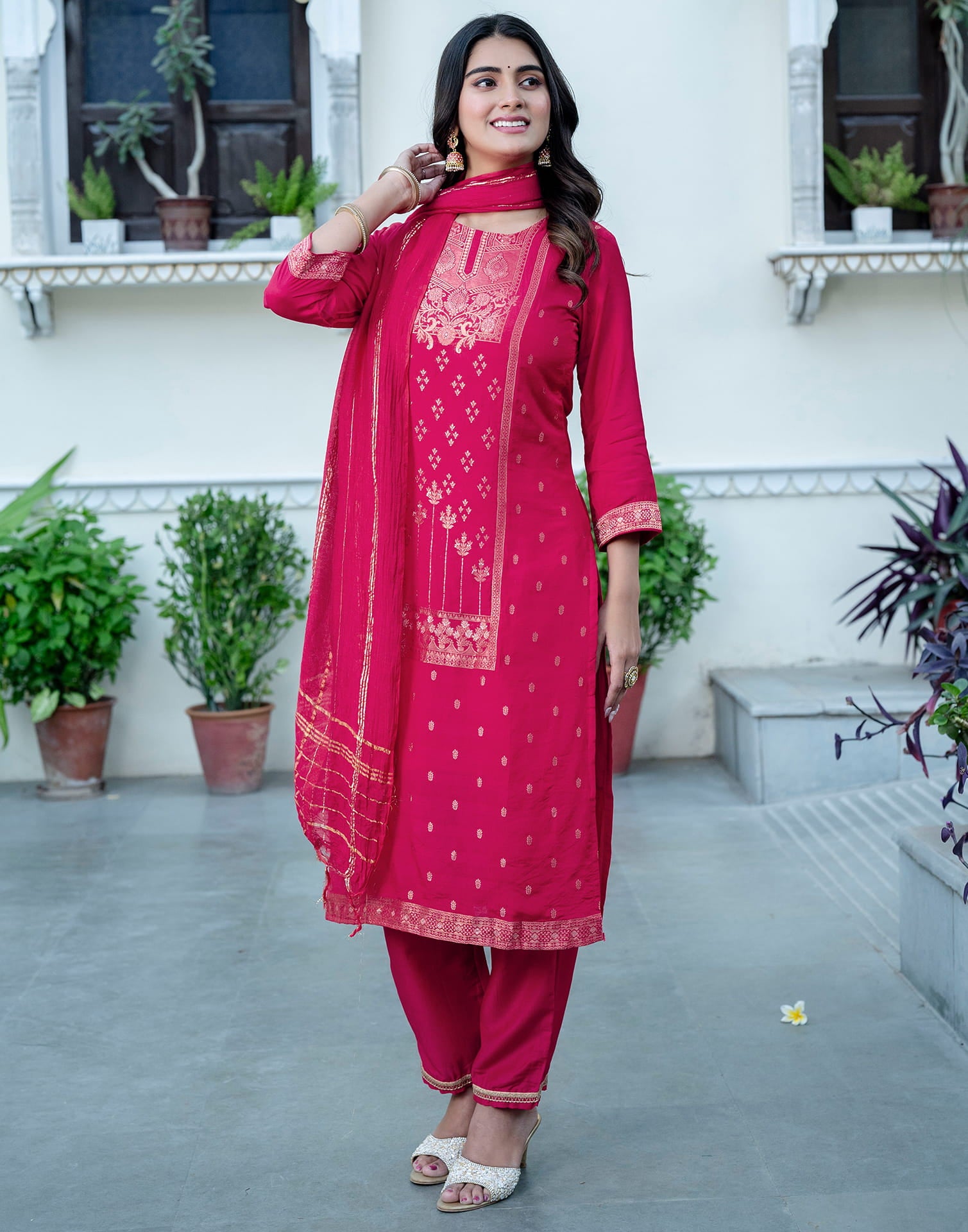 Punch Pink Silk Woven Straight Kurta Set With Dupatta