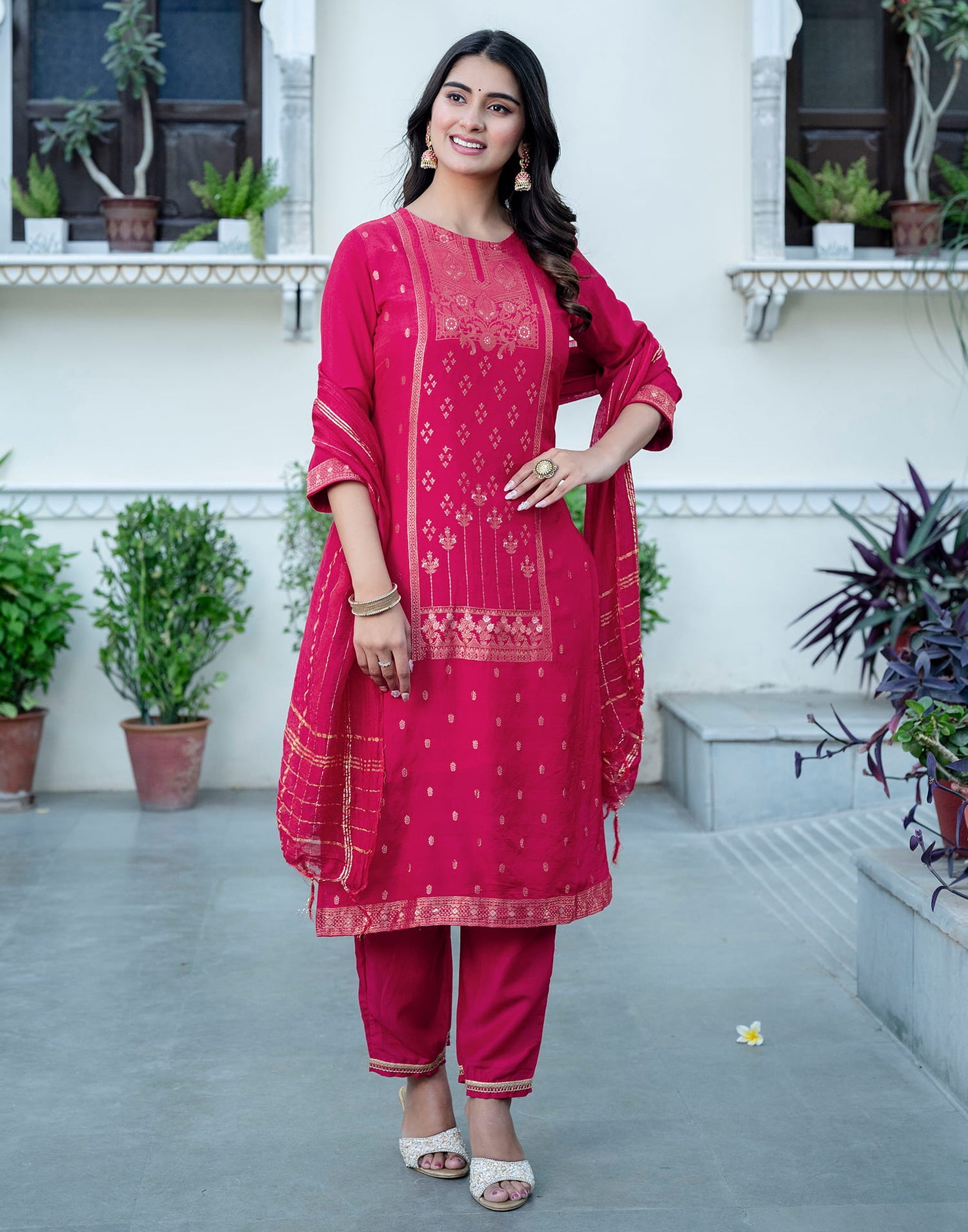 Punch Pink Silk Woven Straight Kurta Set With Dupatta