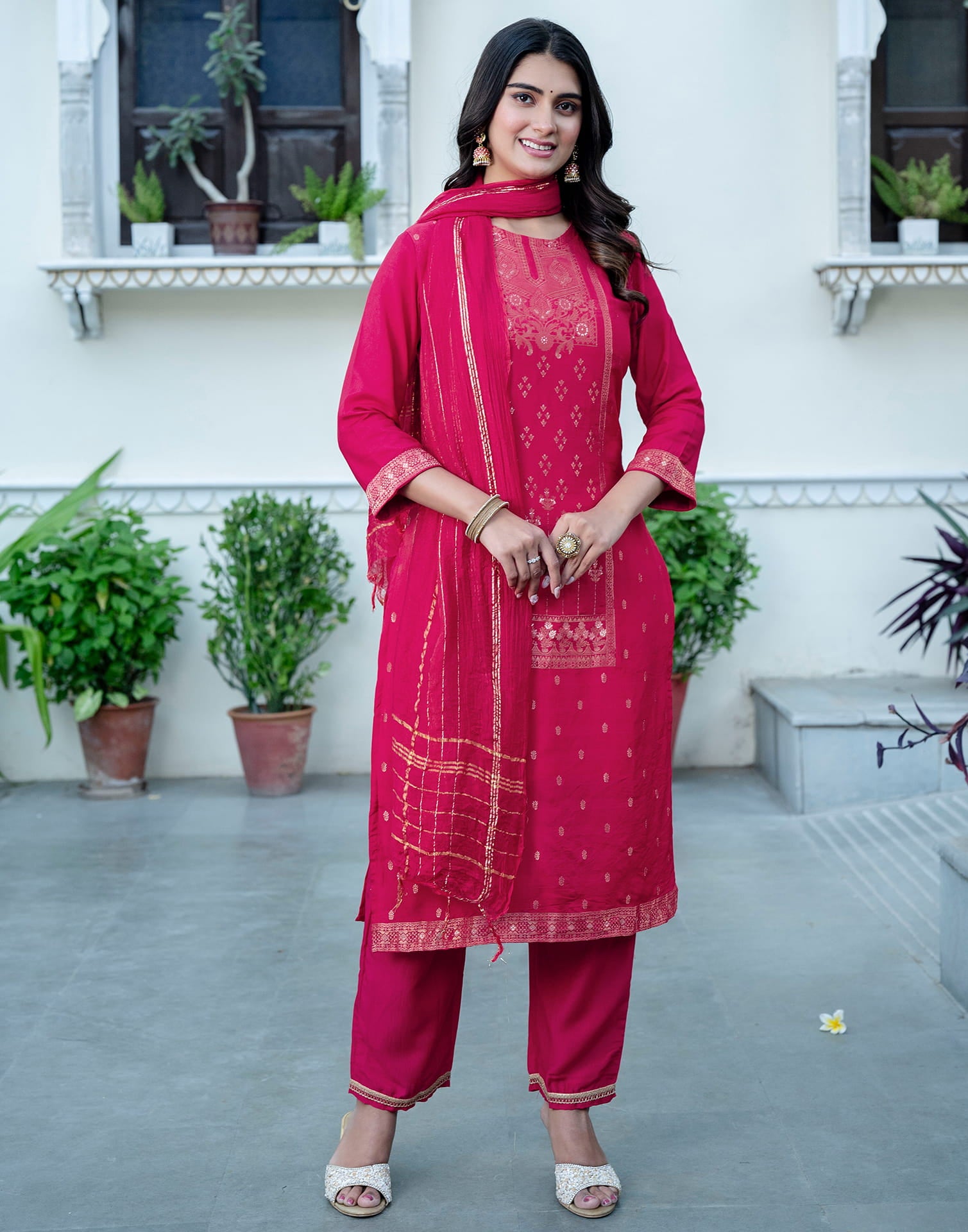 Punch Pink Silk Woven Straight Kurta Set With Dupatta