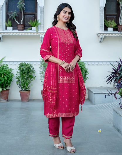 Punch Pink Silk Woven Straight Kurta Set With Dupatta