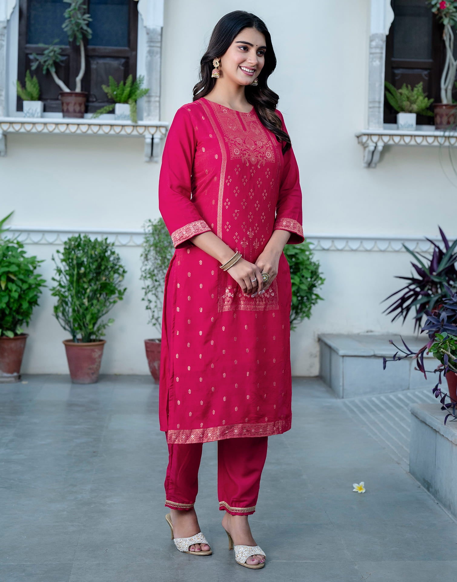 Punch Pink Silk Woven Straight Kurta Set With Dupatta