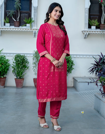 Punch Pink Silk Woven Straight Kurta Set With Dupatta