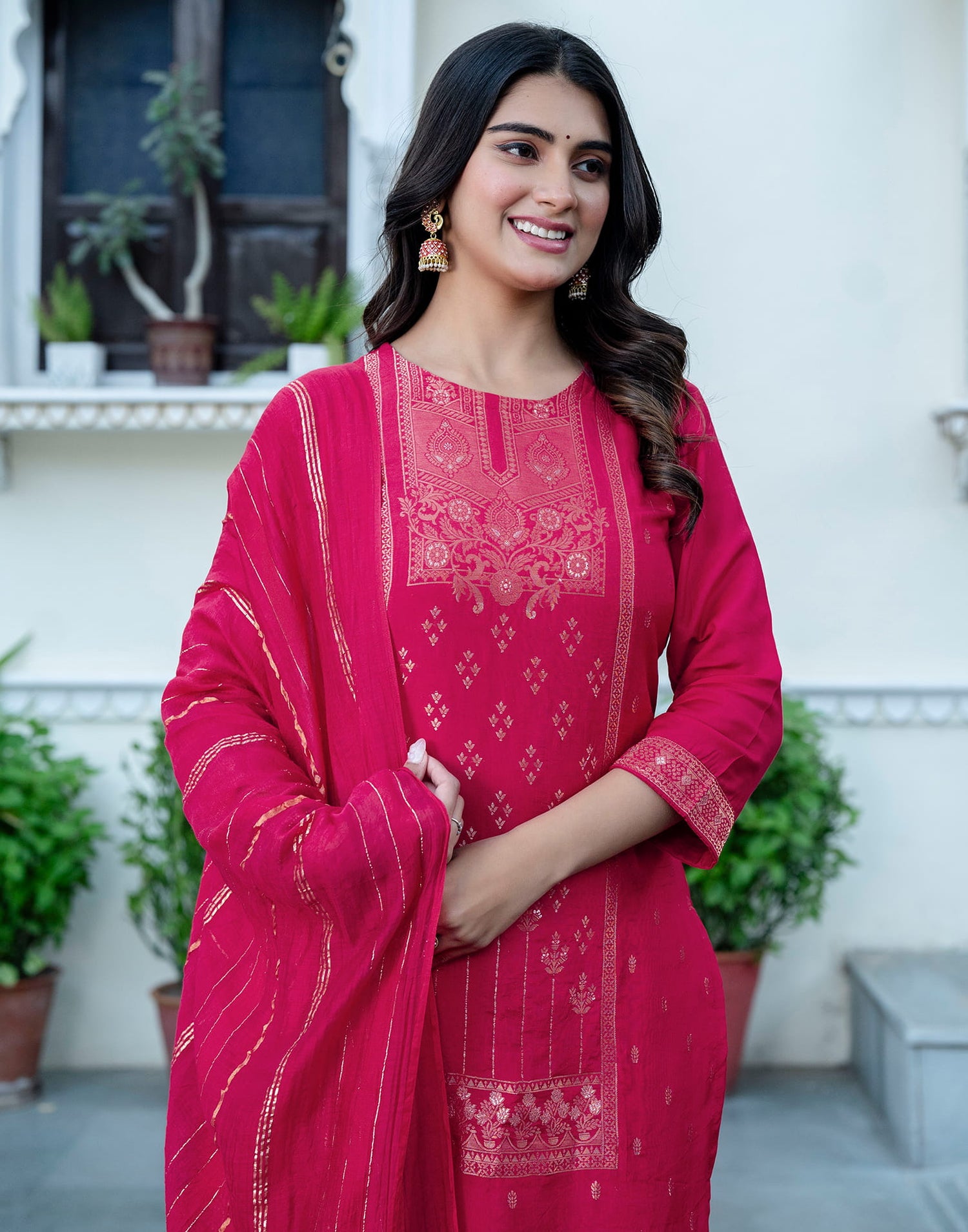 Punch Pink Silk Woven Straight Kurta Set With Dupatta