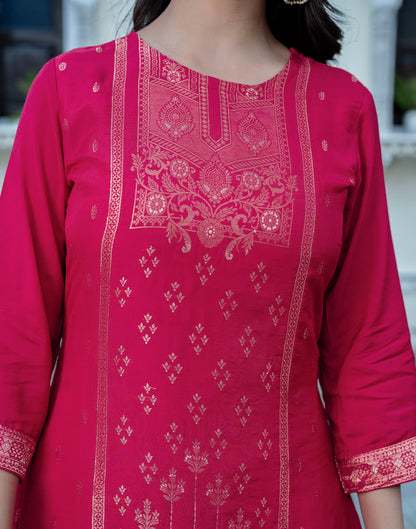 Punch Pink Silk Woven Straight Kurta Set With Dupatta