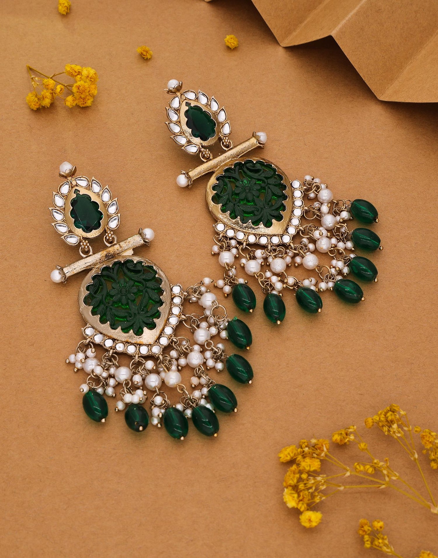 Green Mendi Gold Polish Dangle Earring