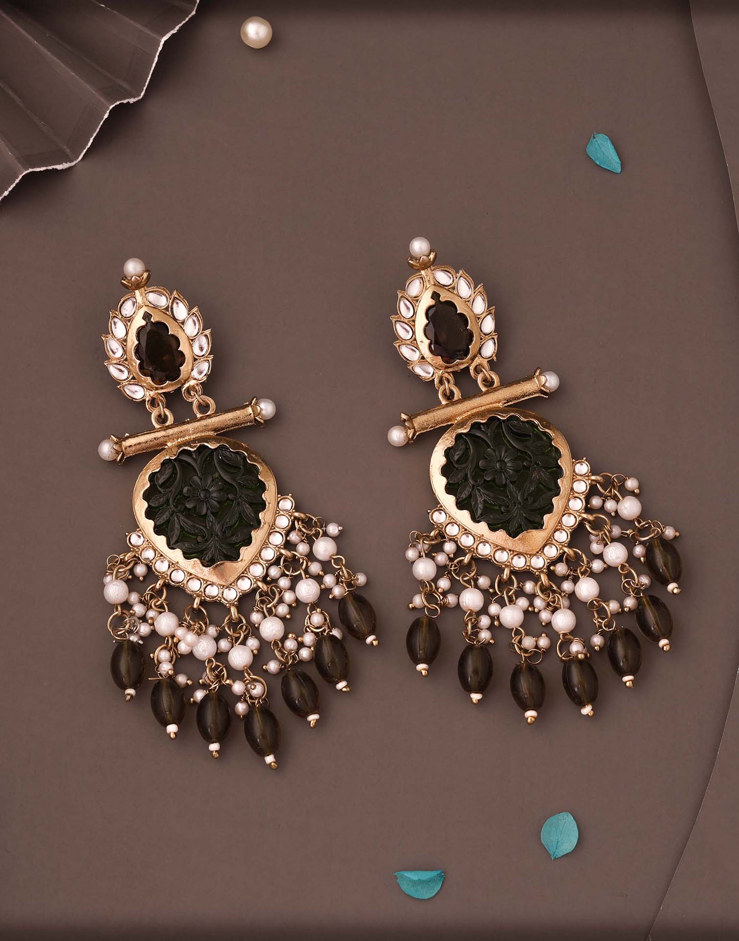 Green Mendi Gold Polish Dangle Earring