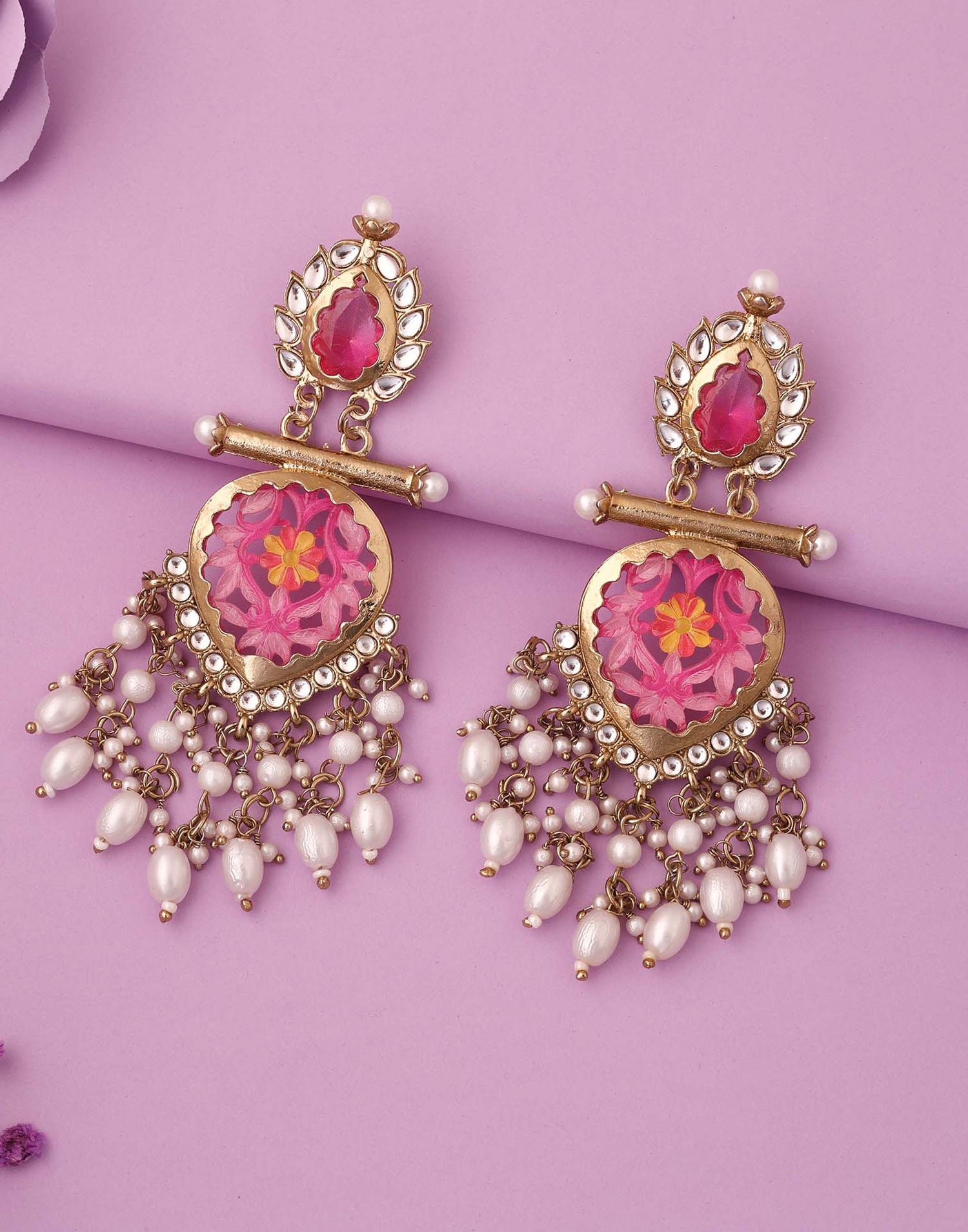 Pink Mendi Gold Polish Dangle Earring