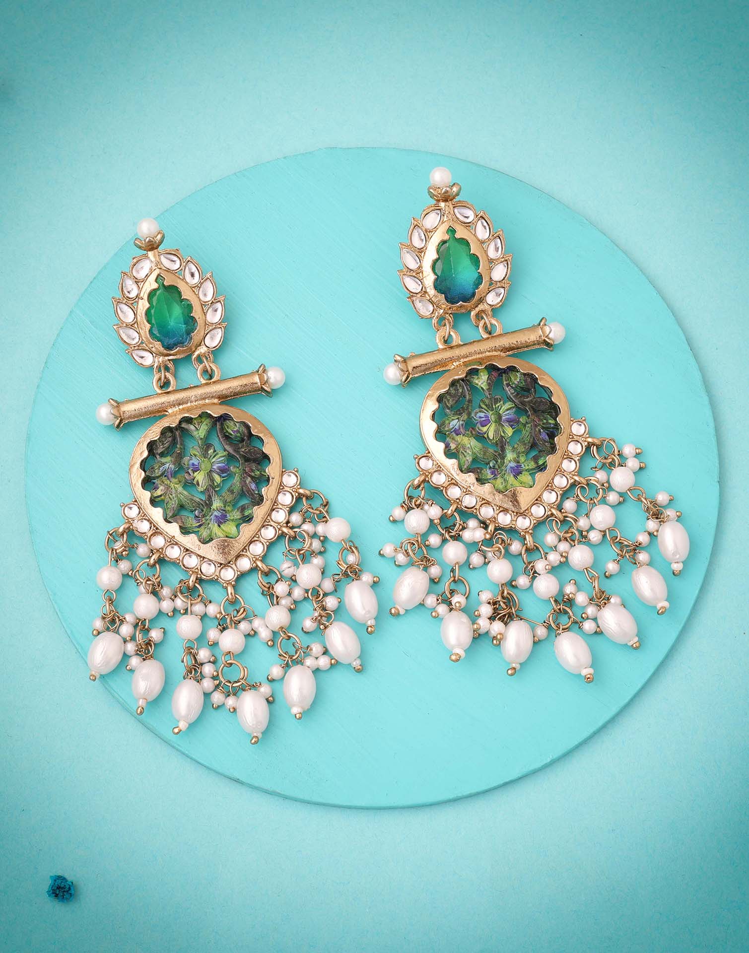 Green Mendi Gold Polish Dangle Earring