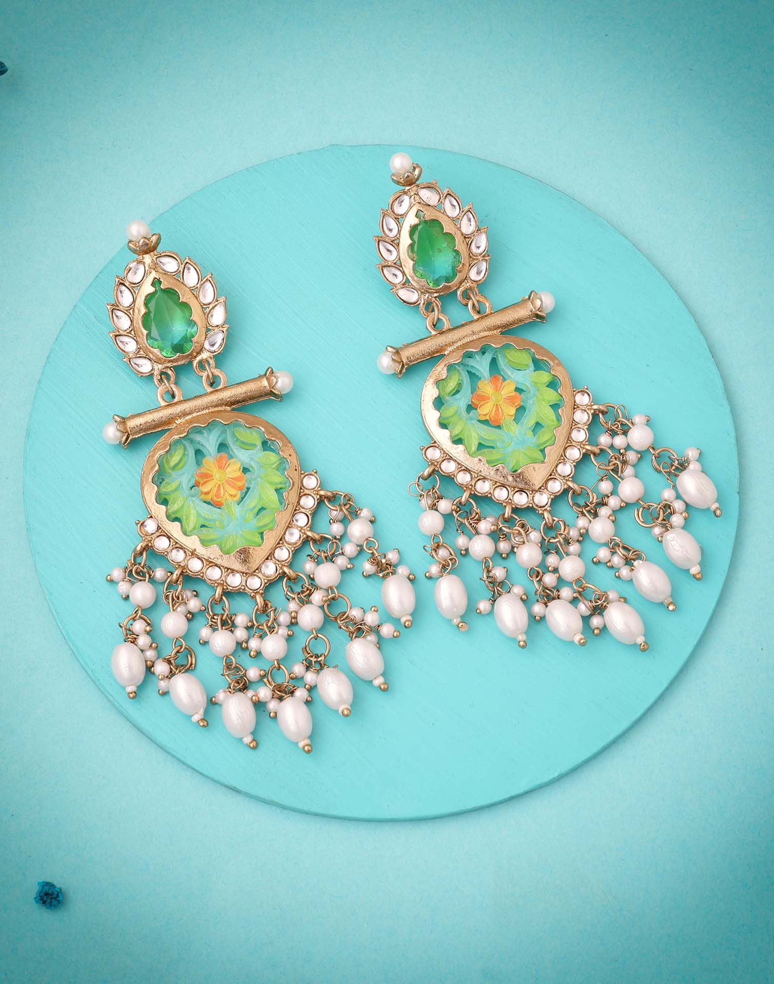 Green Mendi Gold Polish Dangle Earring