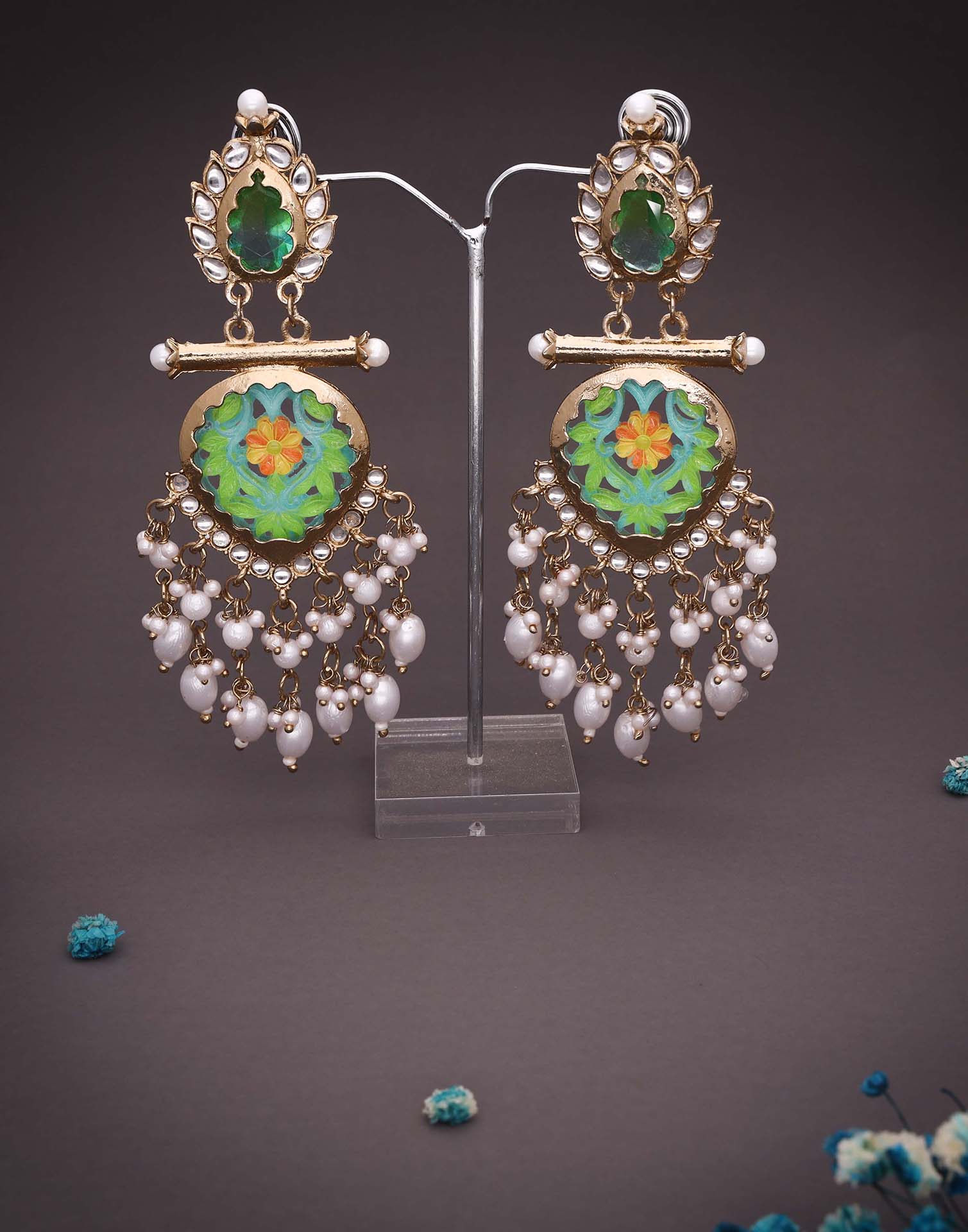 Green Mendi Gold Polish Dangle Earring