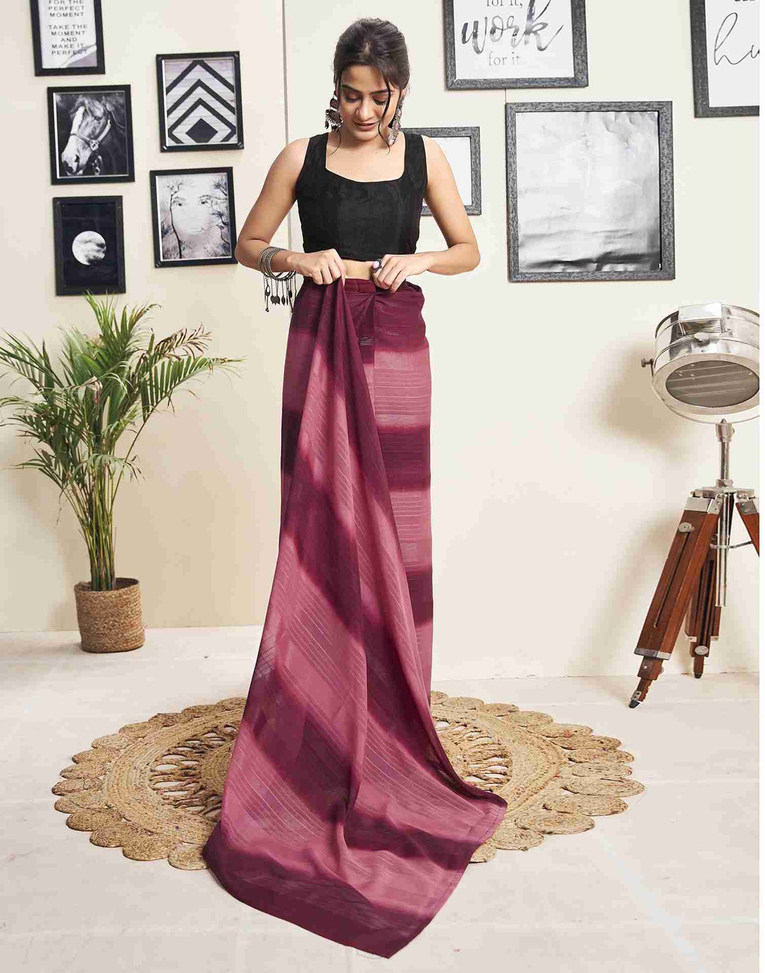 Ready To Wear Maroon Georgette Printed Plain Saree