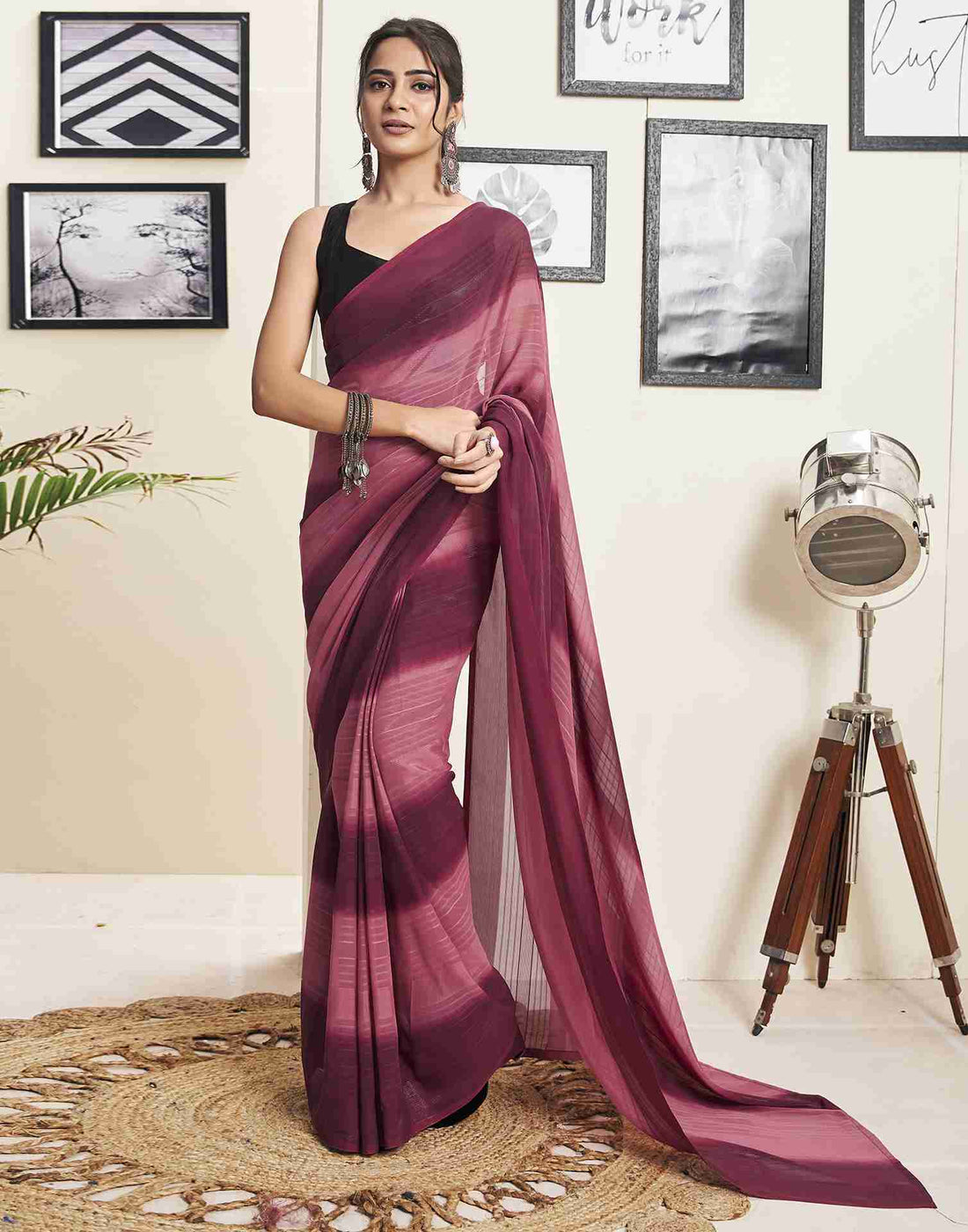 Ready To Wear Maroon Georgette Printed Plain Saree