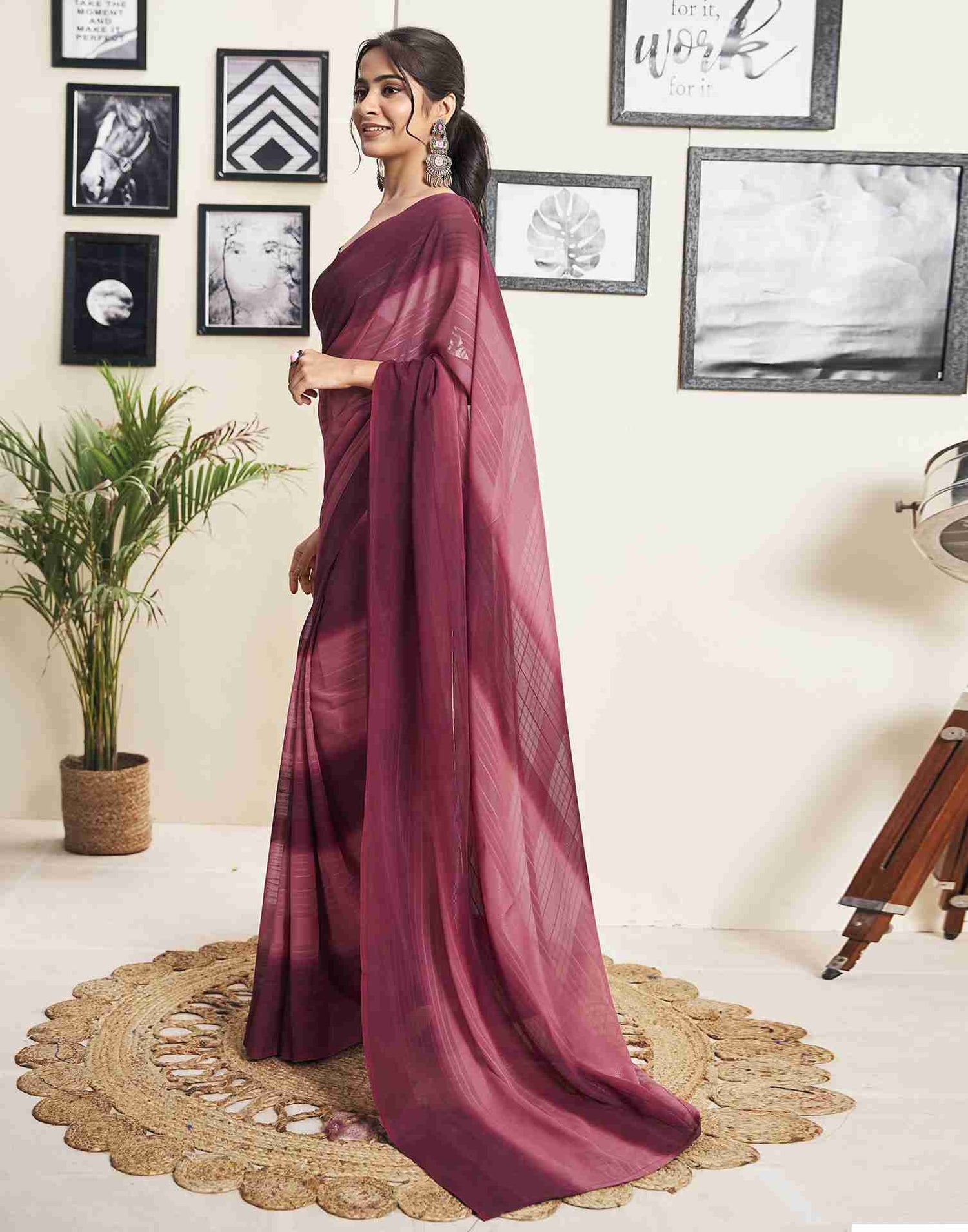 Ready To Wear Maroon Georgette Printed Plain Saree