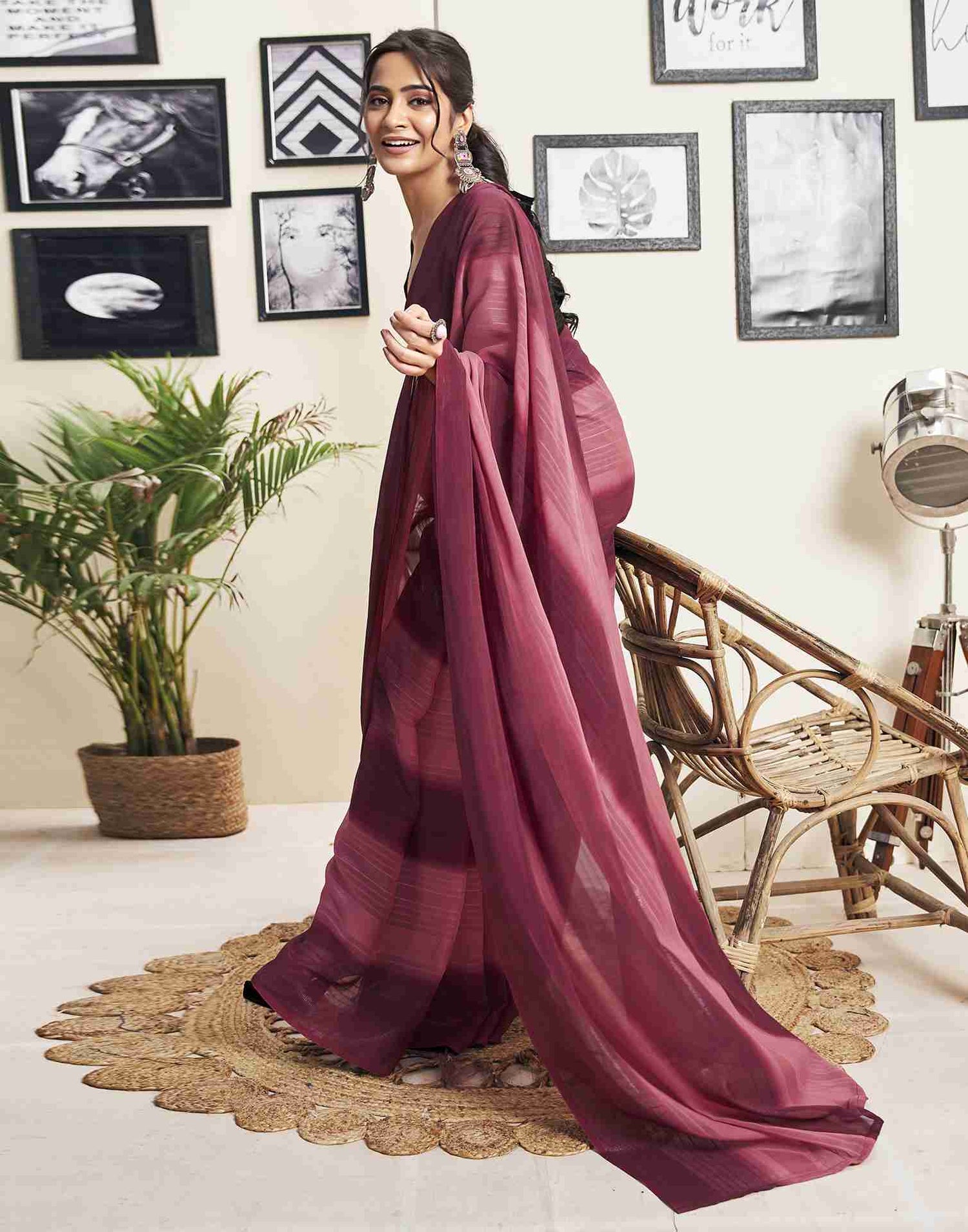 Ready To Wear Maroon Georgette Printed Plain Saree