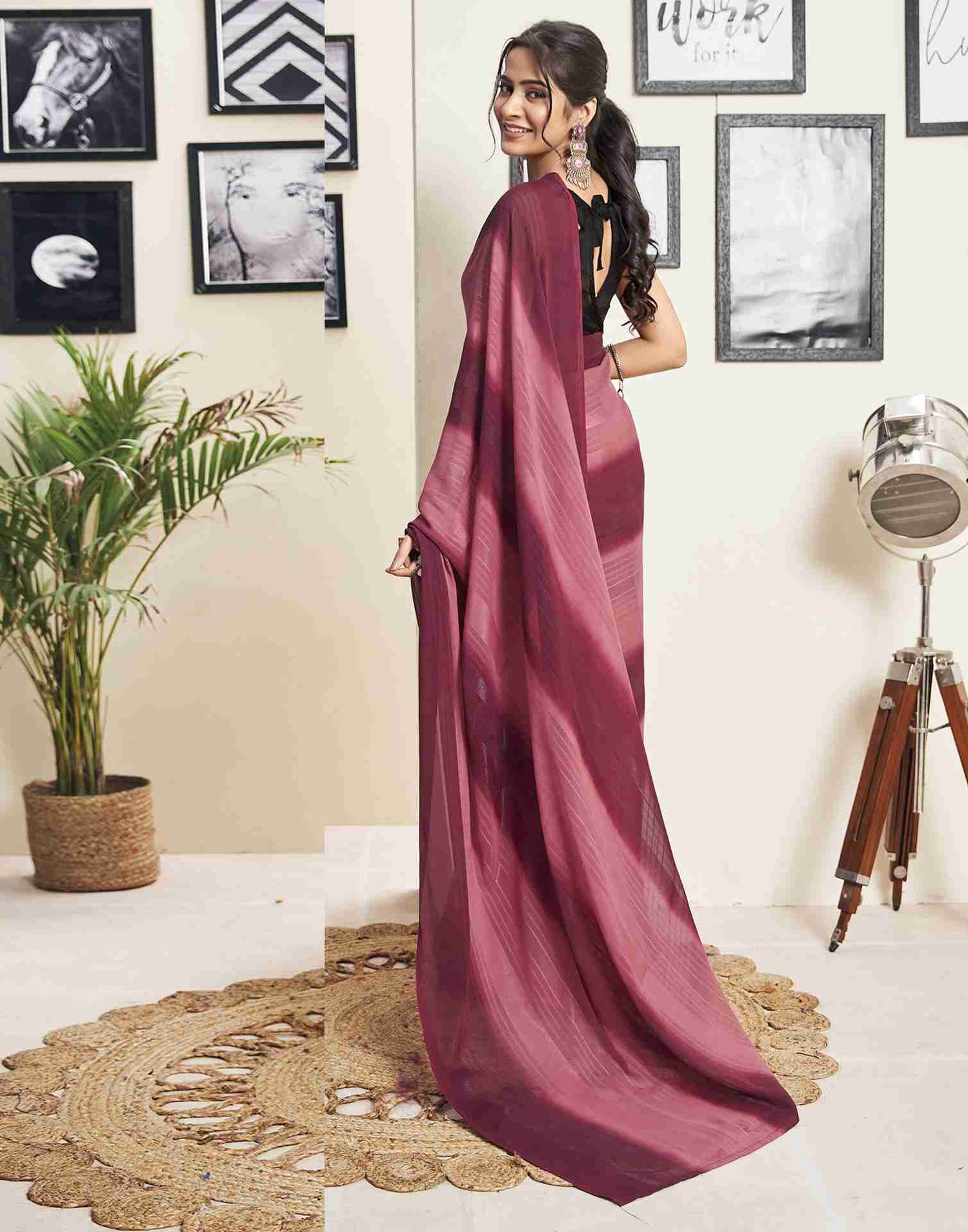 Ready To Wear Maroon Georgette Printed Plain Saree