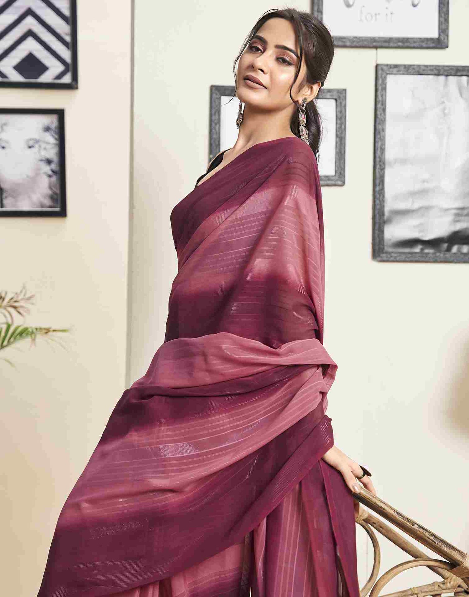 Ready To Wear Maroon Georgette Printed Plain Saree