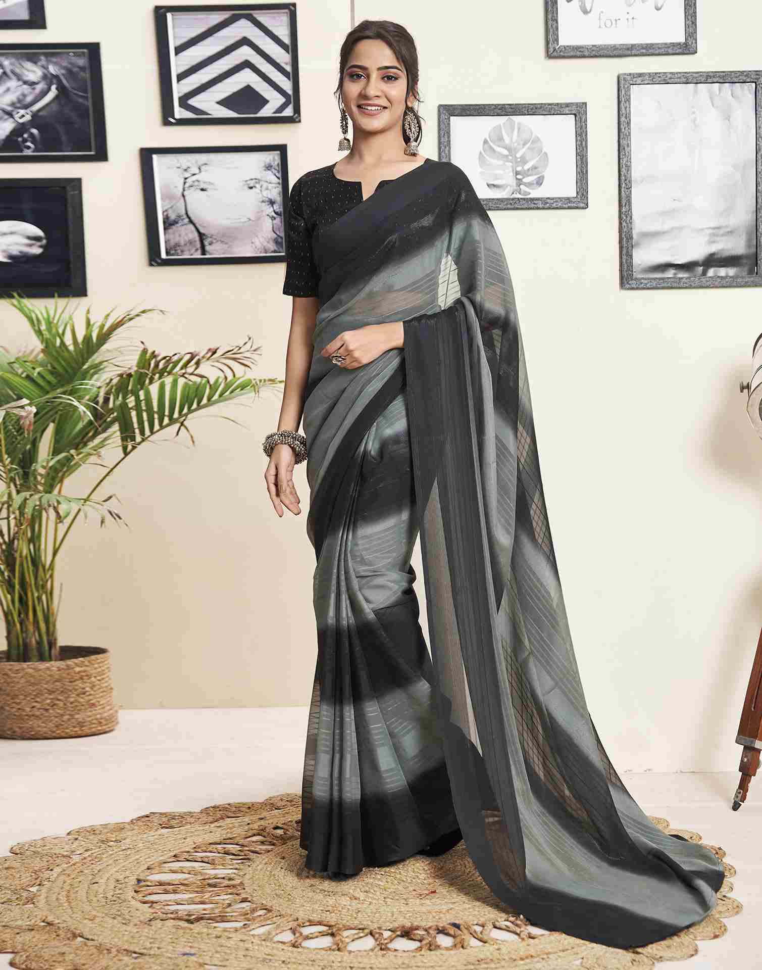 Ready To Wear Black Georgette Printed Plain Saree