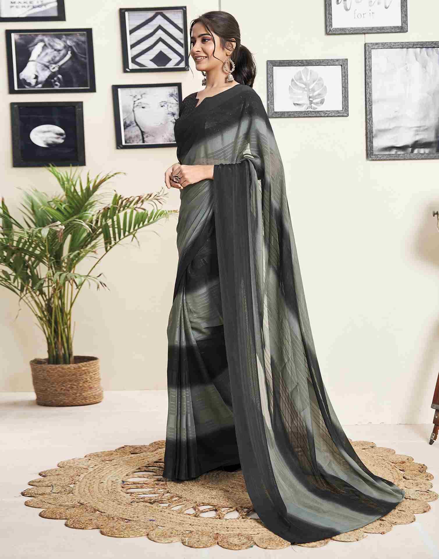 Ready To Wear Black Georgette Printed Plain Saree