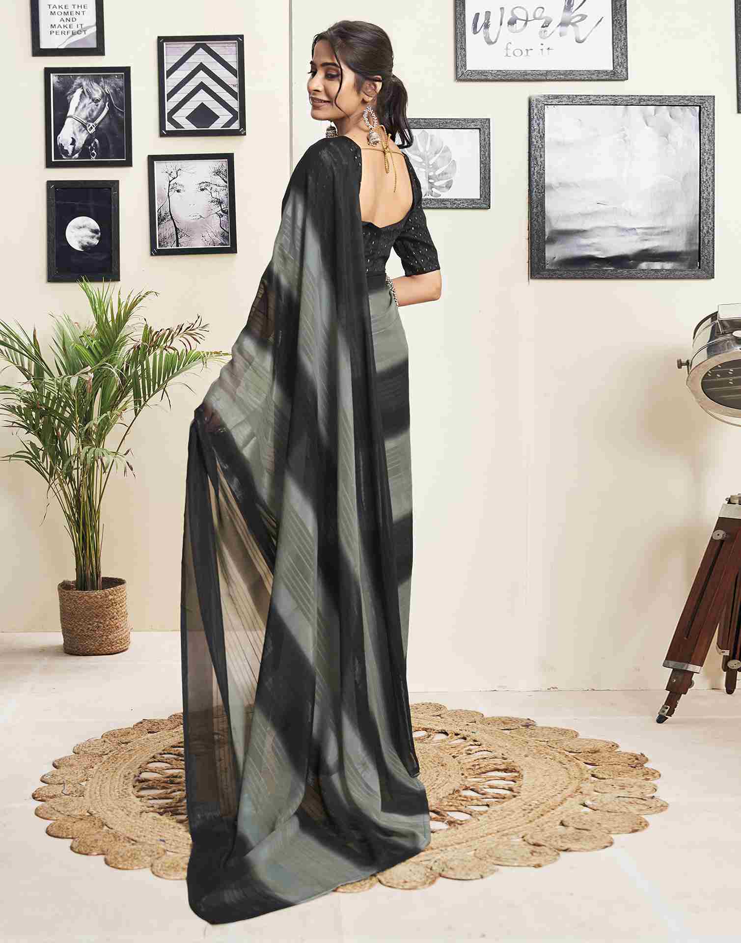 Ready To Wear Black Georgette Printed Plain Saree