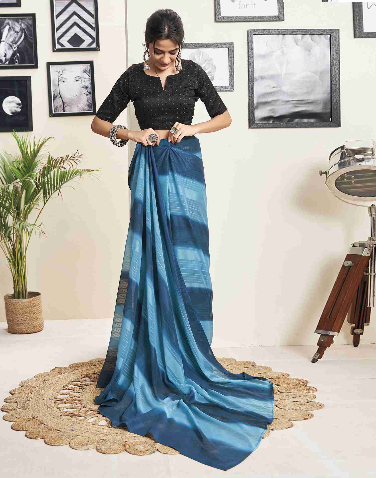 Ready To Wear Light Blue Georgette Printed Plain Saree