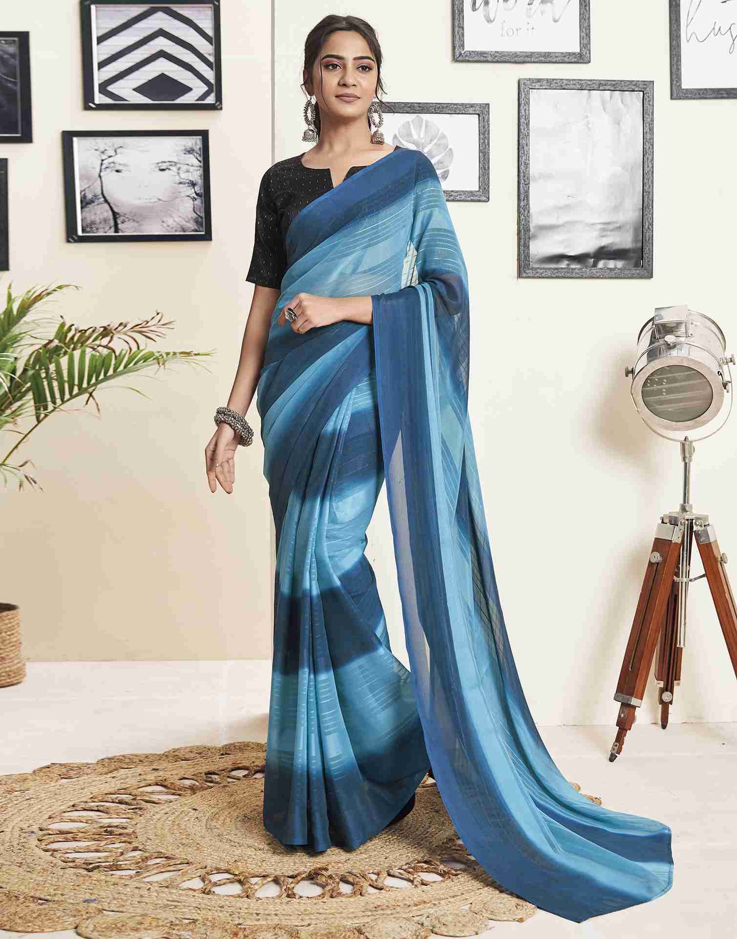 Ready To Wear Light Blue Georgette Printed Plain Saree