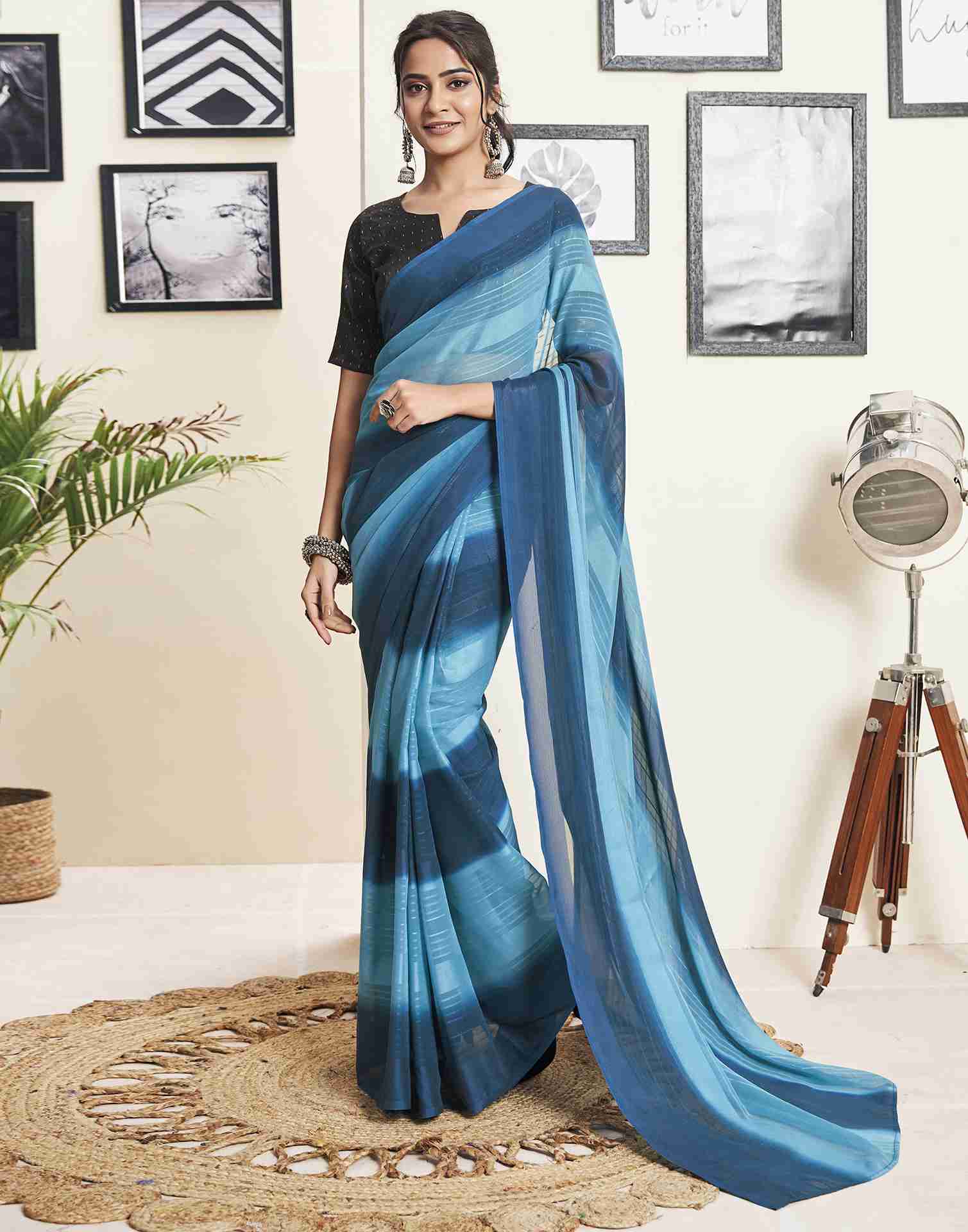 Ready To Wear Light Blue Georgette Printed Plain Saree