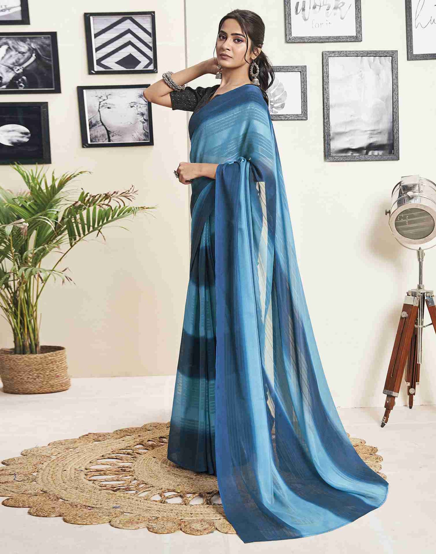 Ready To Wear Light Blue Georgette Printed Plain Saree