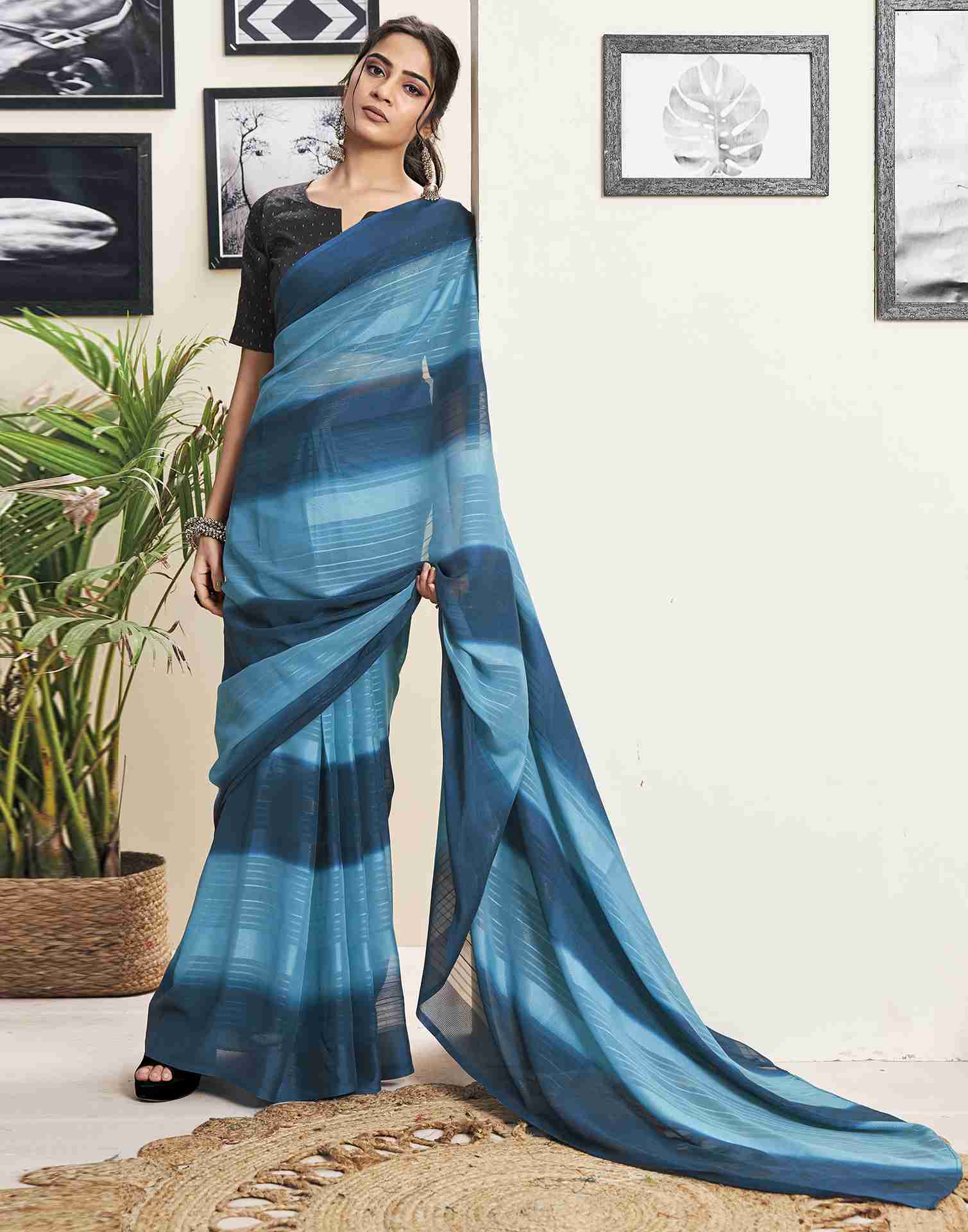 Ready To Wear Light Blue Georgette Printed Plain Saree