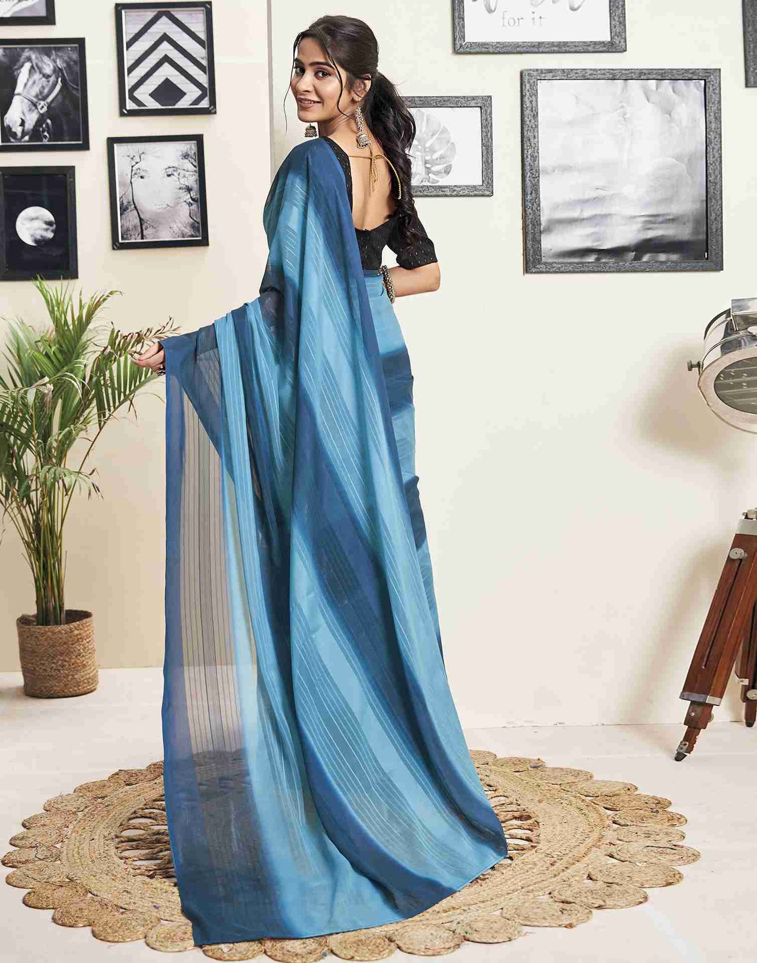 Ready To Wear Light Blue Georgette Printed Plain Saree