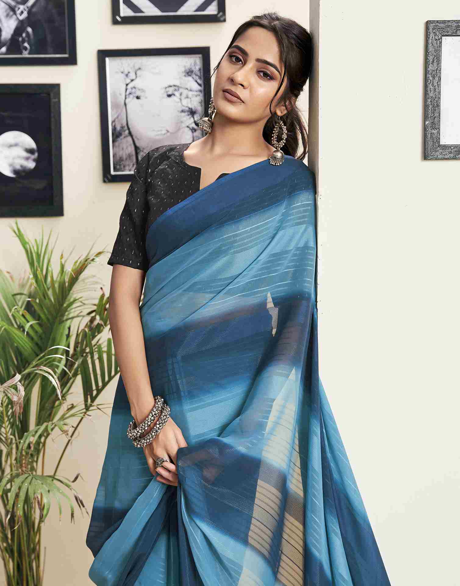 Ready To Wear Light Blue Georgette Printed Plain Saree