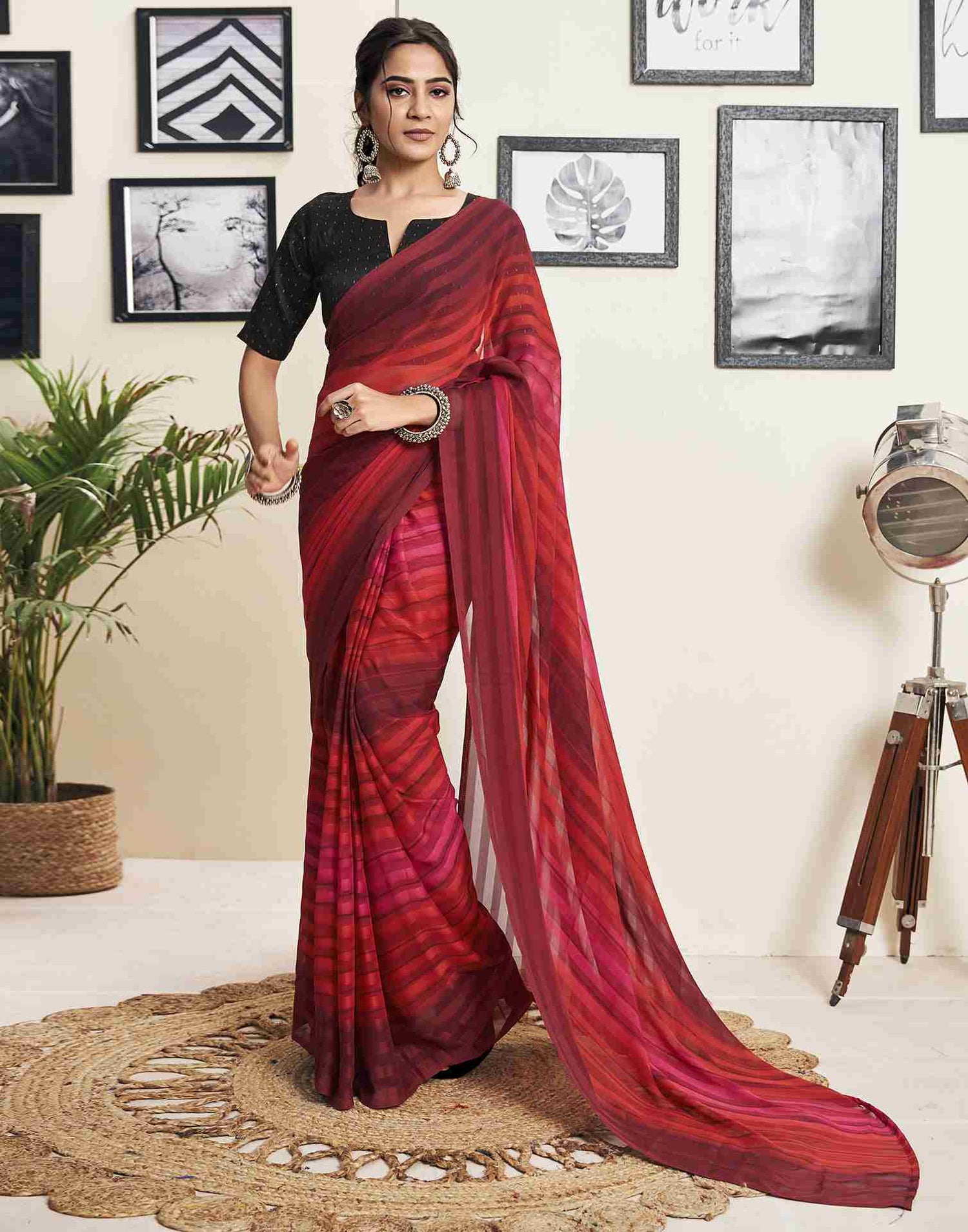 Ready To Wear Maroon Georgette Printed Plain Saree