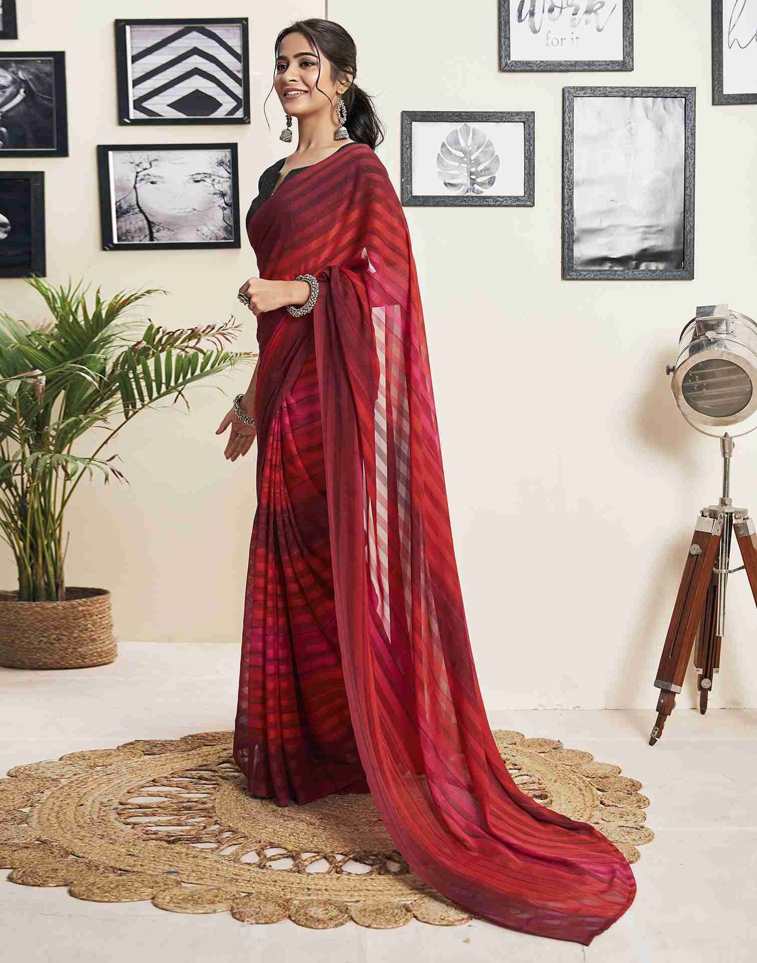 Ready To Wear Maroon Georgette Printed Plain Saree