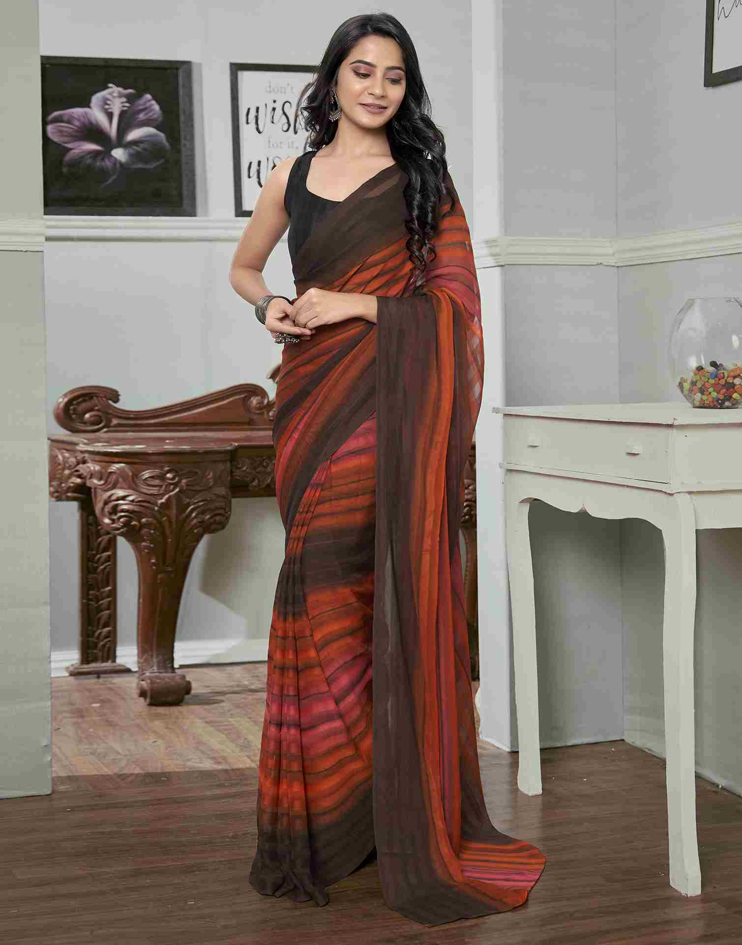 Ready To Wear Brown Georgette Printed Plain Saree