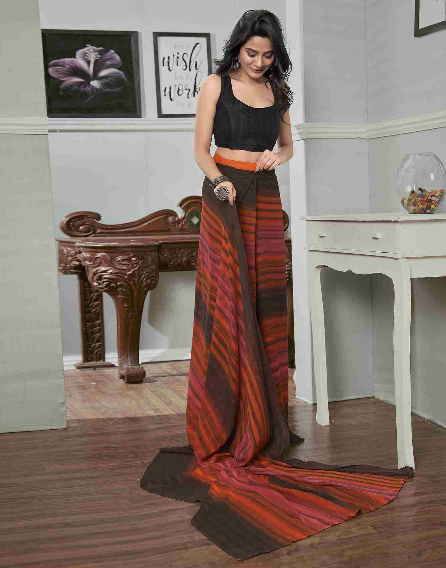 Ready To Wear Brown Georgette Printed Plain Saree