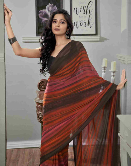 Ready To Wear Brown Georgette Printed Plain Saree