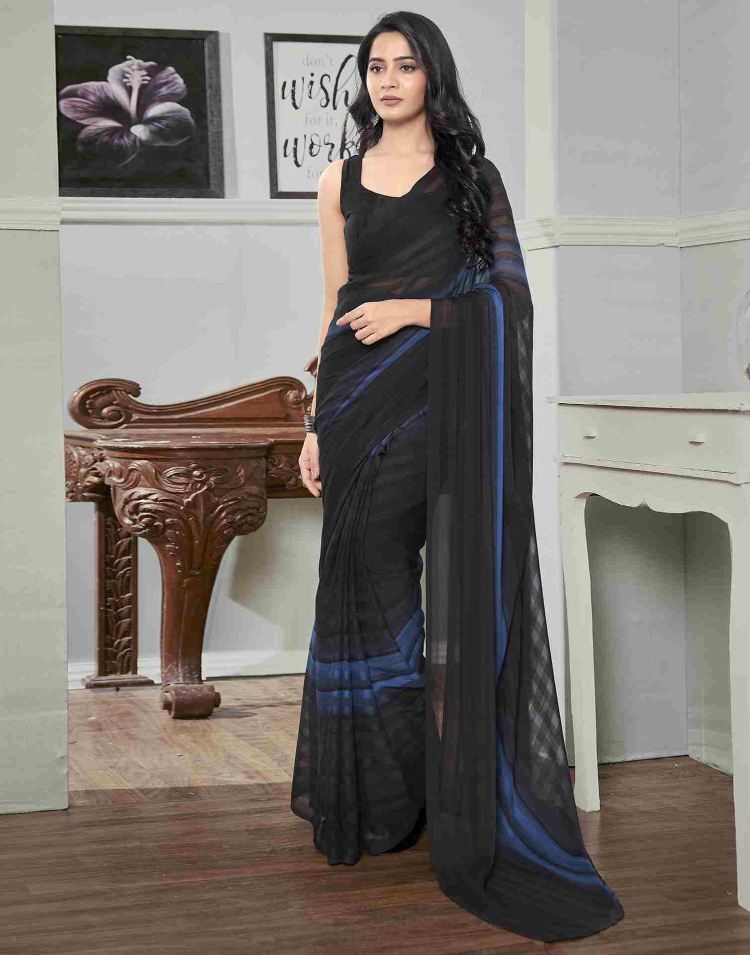 Ready To Wear Black Georgette Printed Plain Saree