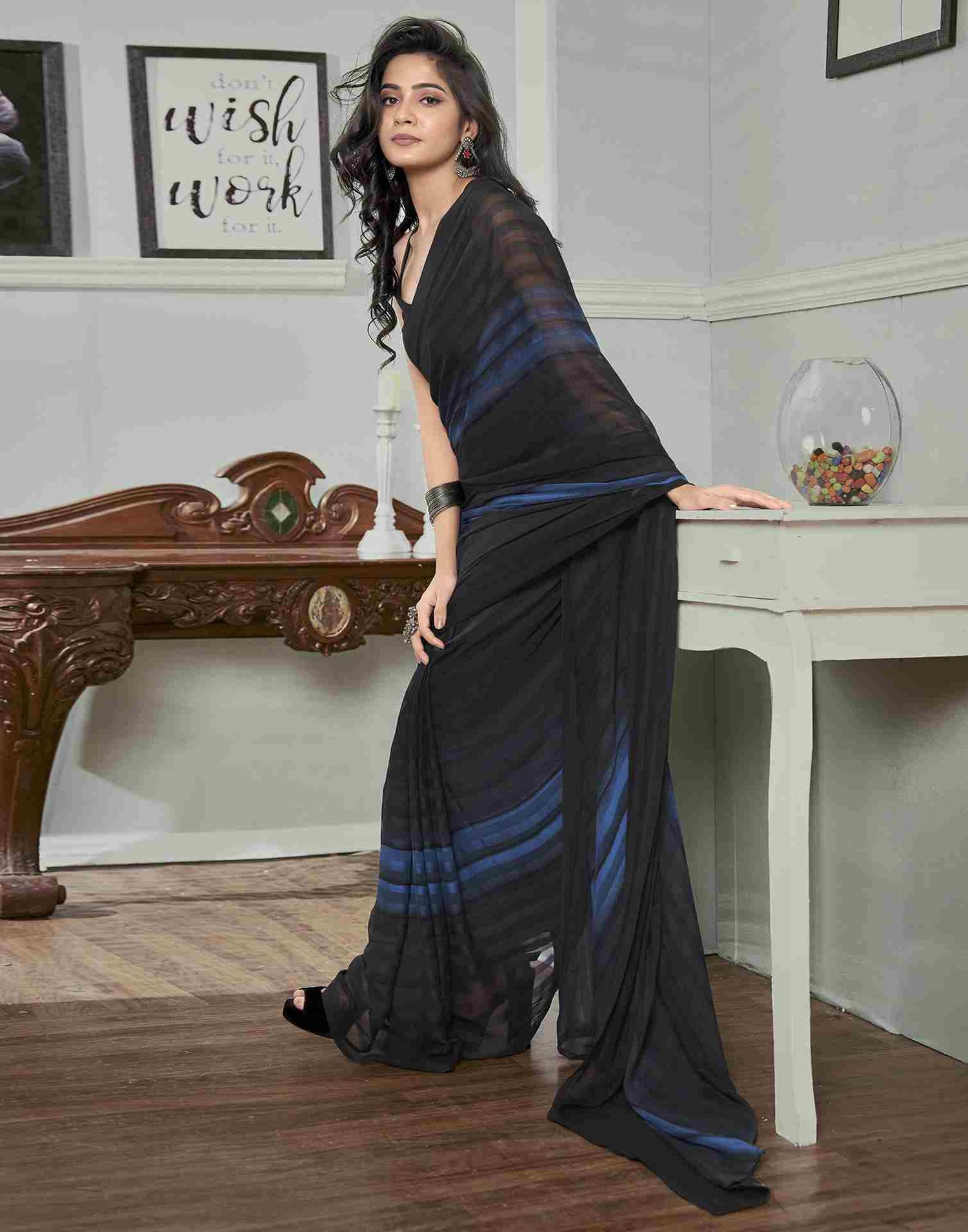 Ready To Wear Black Georgette Printed Plain Saree