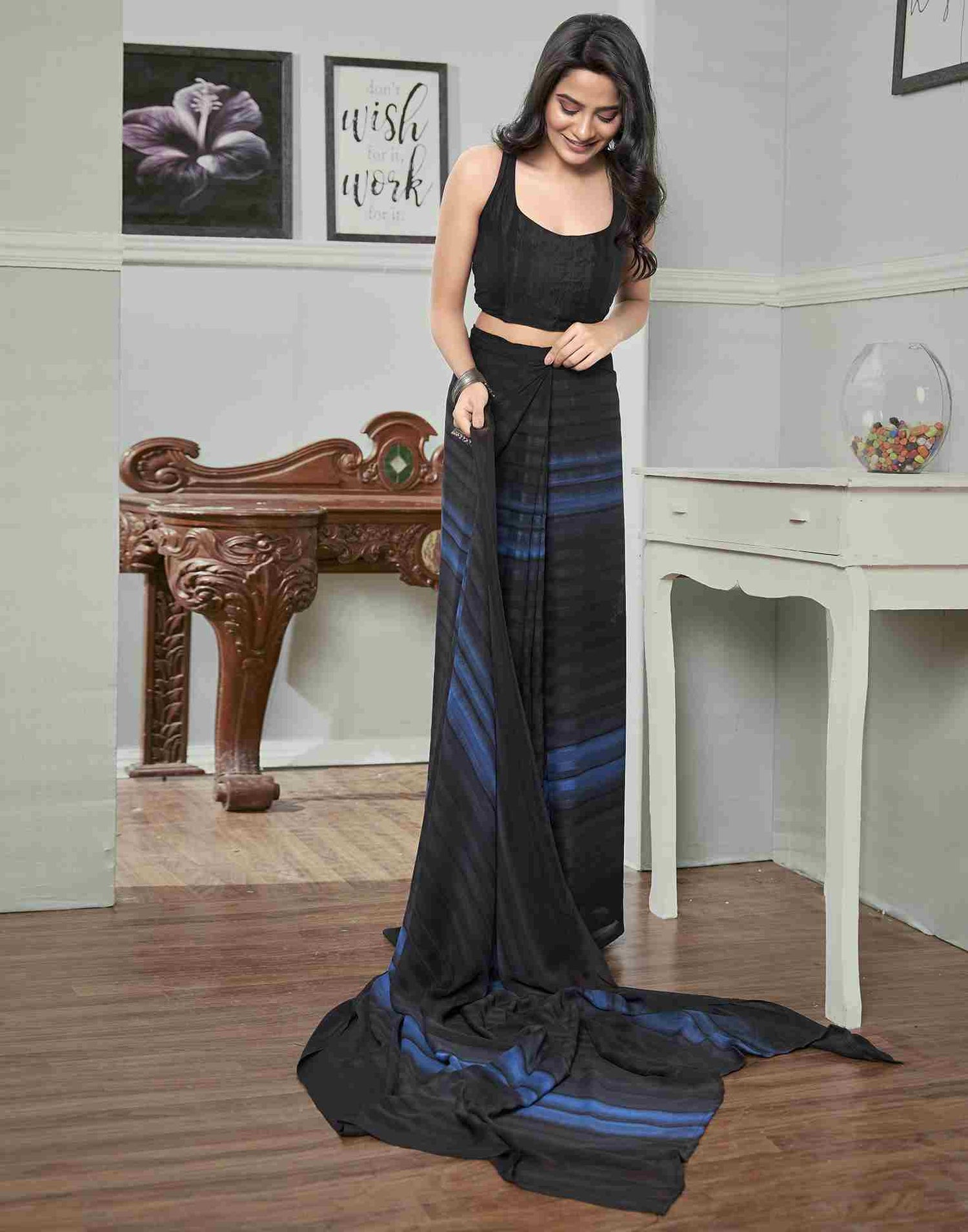 Ready To Wear Black Georgette Printed Plain Saree