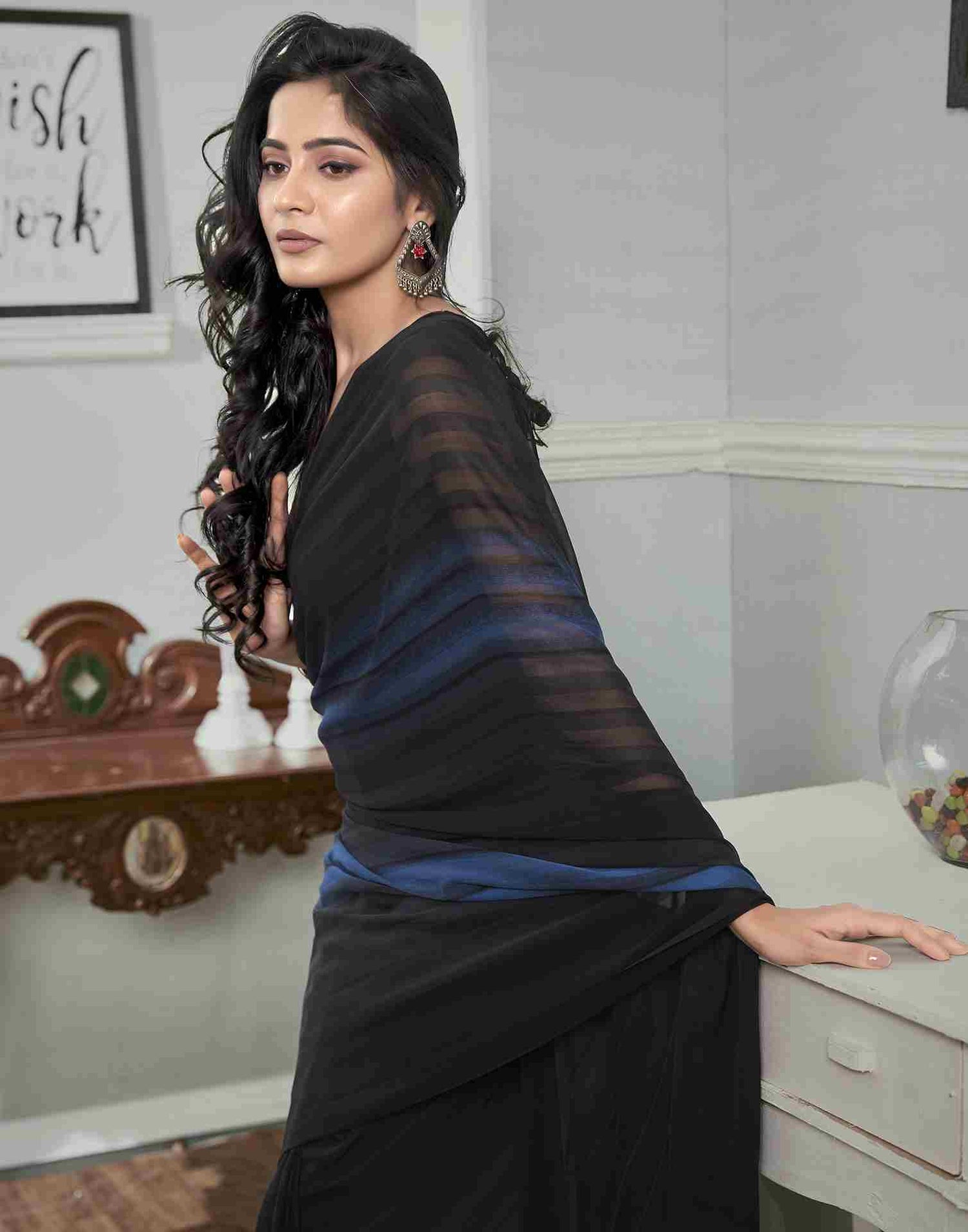 Ready To Wear Black Georgette Printed Plain Saree