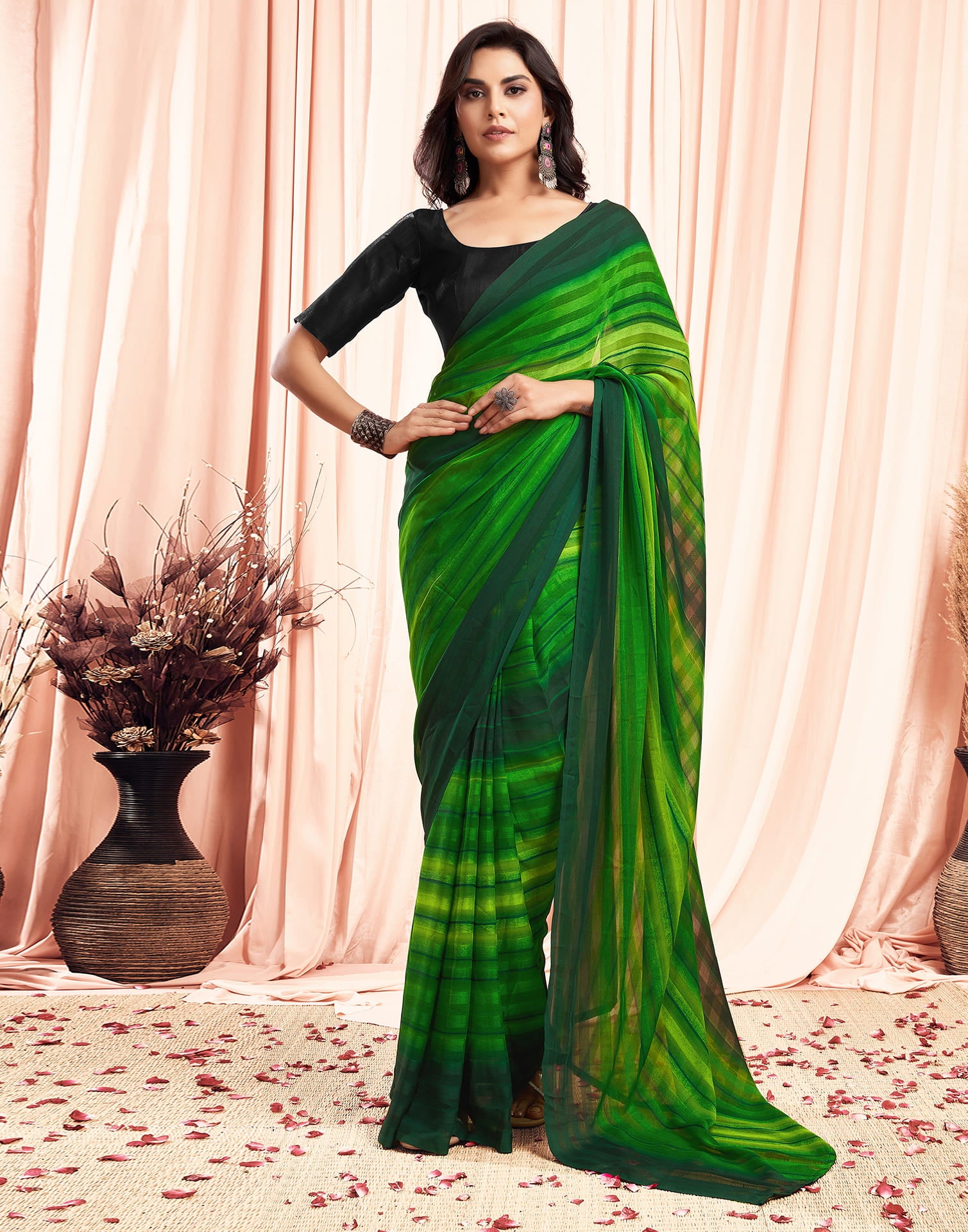 Ready To Wear Light Green Georgette Printed Plain Saree