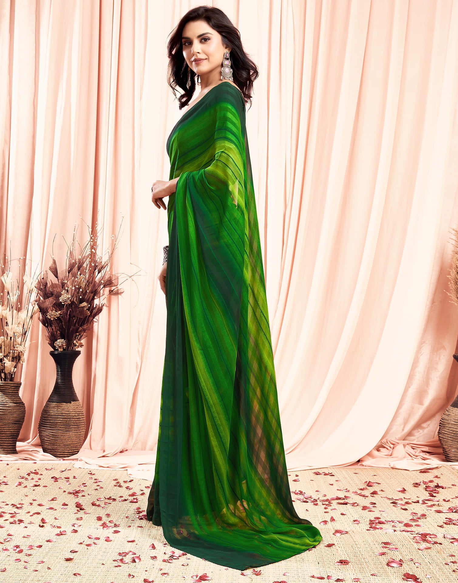 Ready To Wear Light Green Georgette Printed Plain Saree