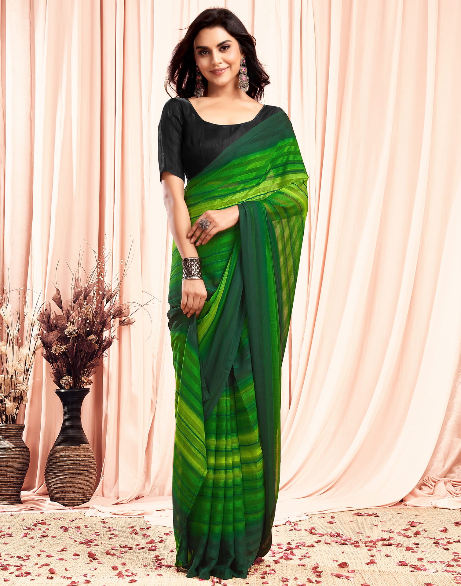 Ready To Wear Light Green Georgette Printed Plain Saree