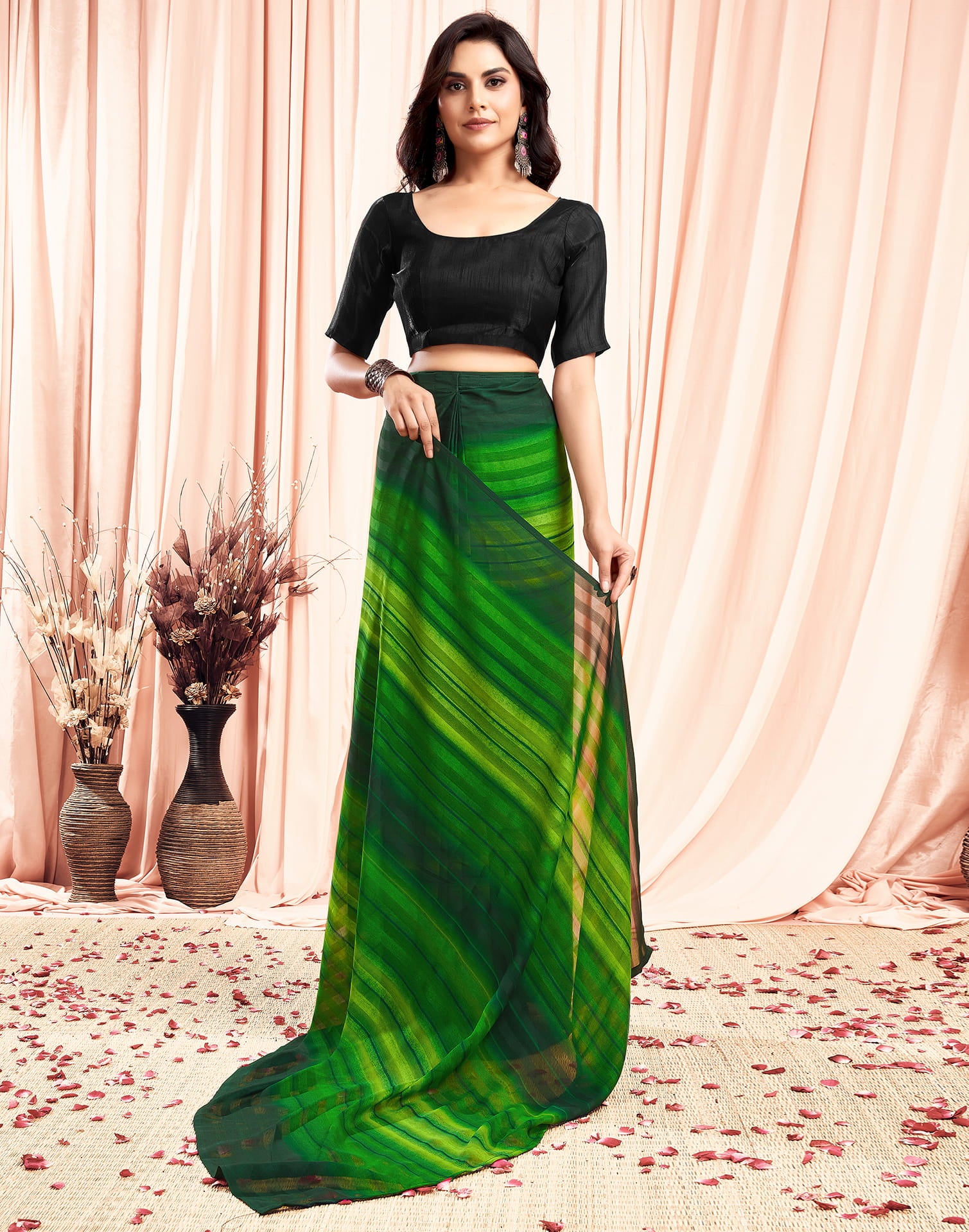 Ready To Wear Light Green Georgette Printed Plain Saree