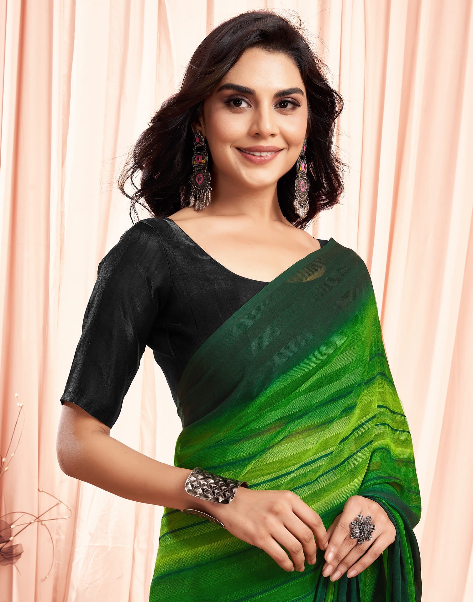 Ready To Wear Light Green Georgette Printed Plain Saree