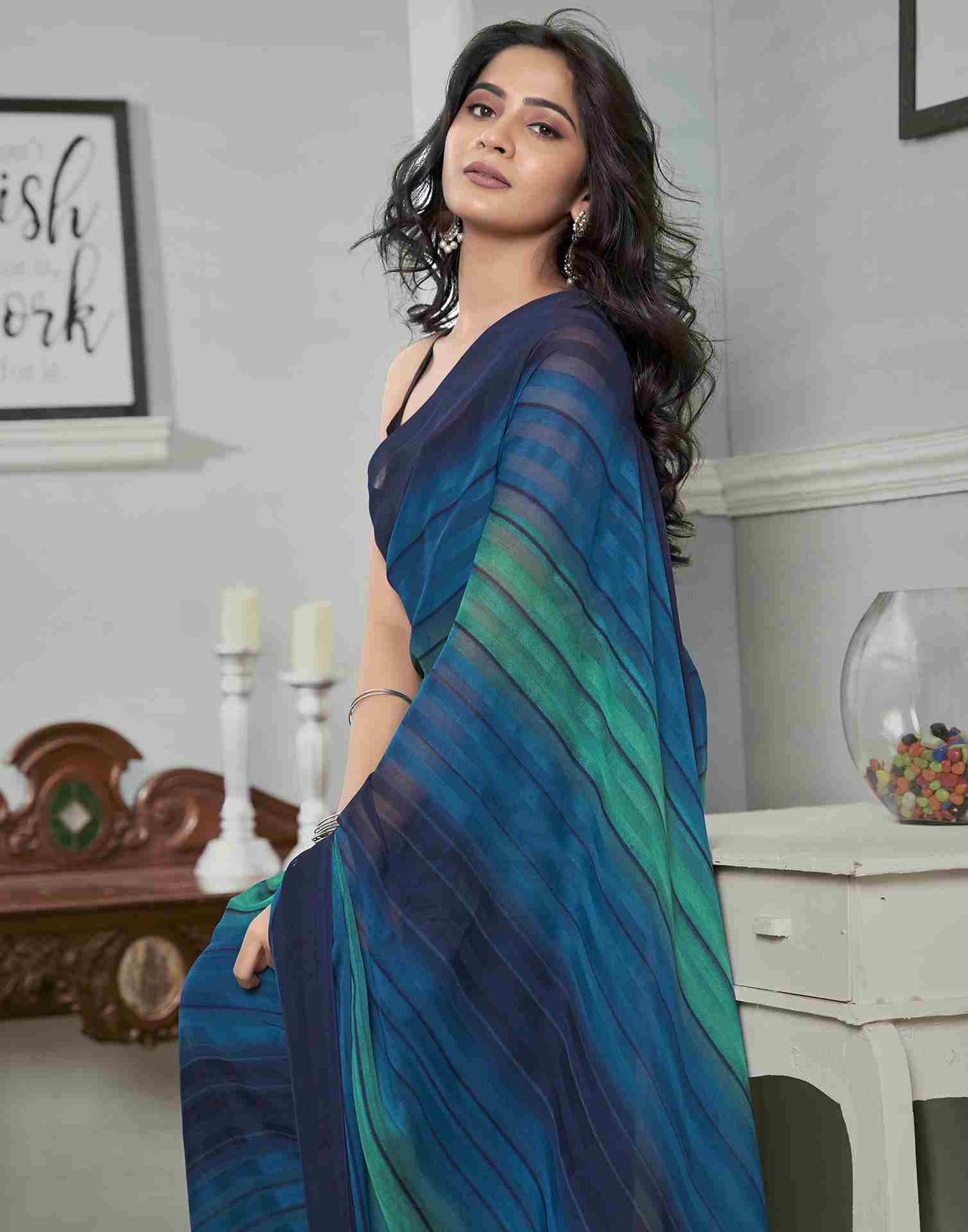 Ready To Wear Navy Blue Georgette Printed Plain Saree