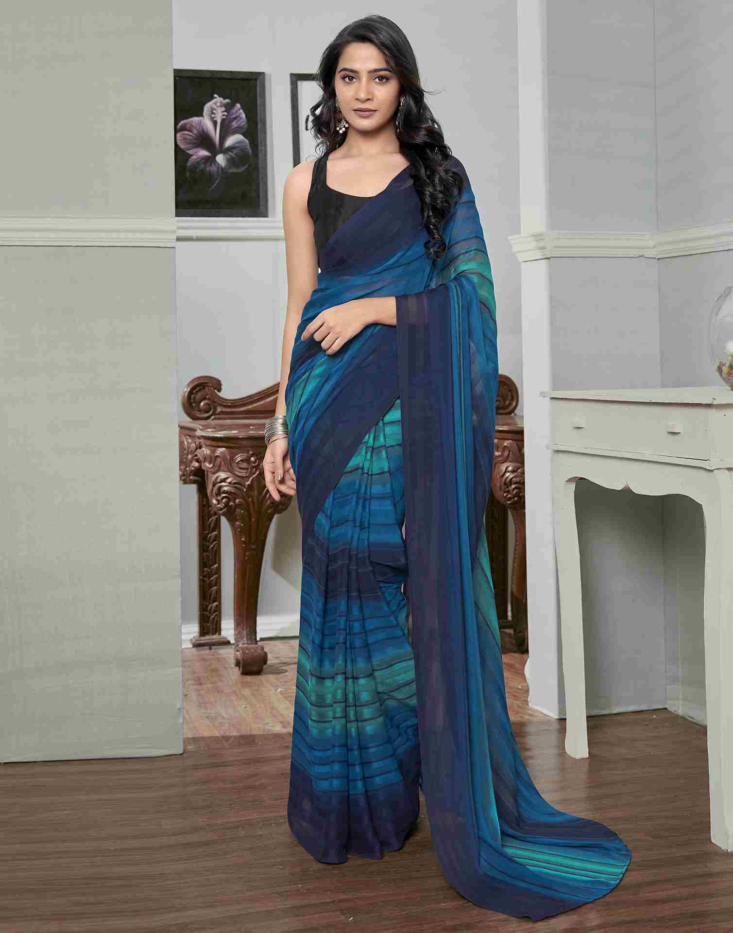 Ready To Wear Navy Blue Georgette Printed Plain Saree