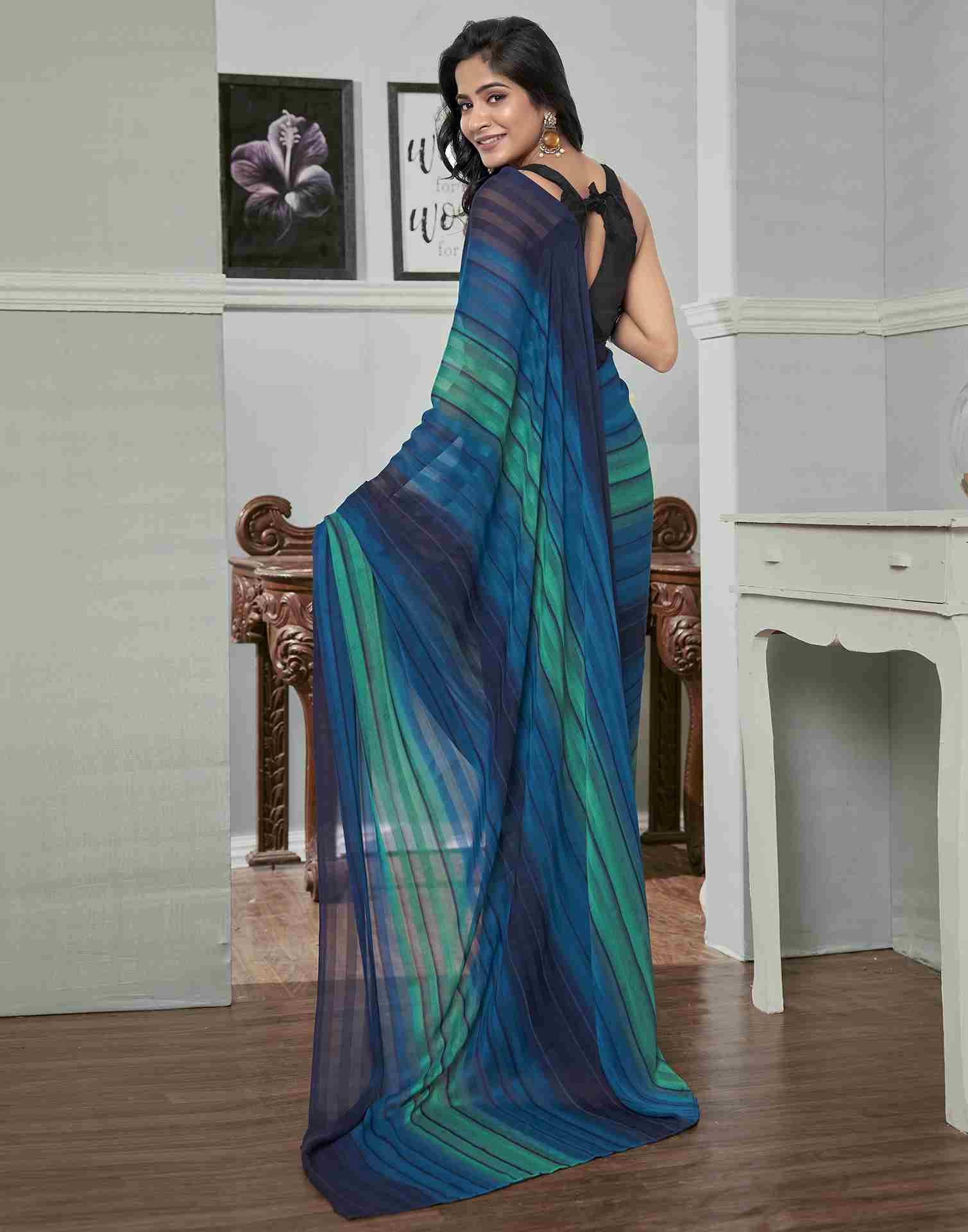 Ready To Wear Navy Blue Georgette Printed Plain Saree