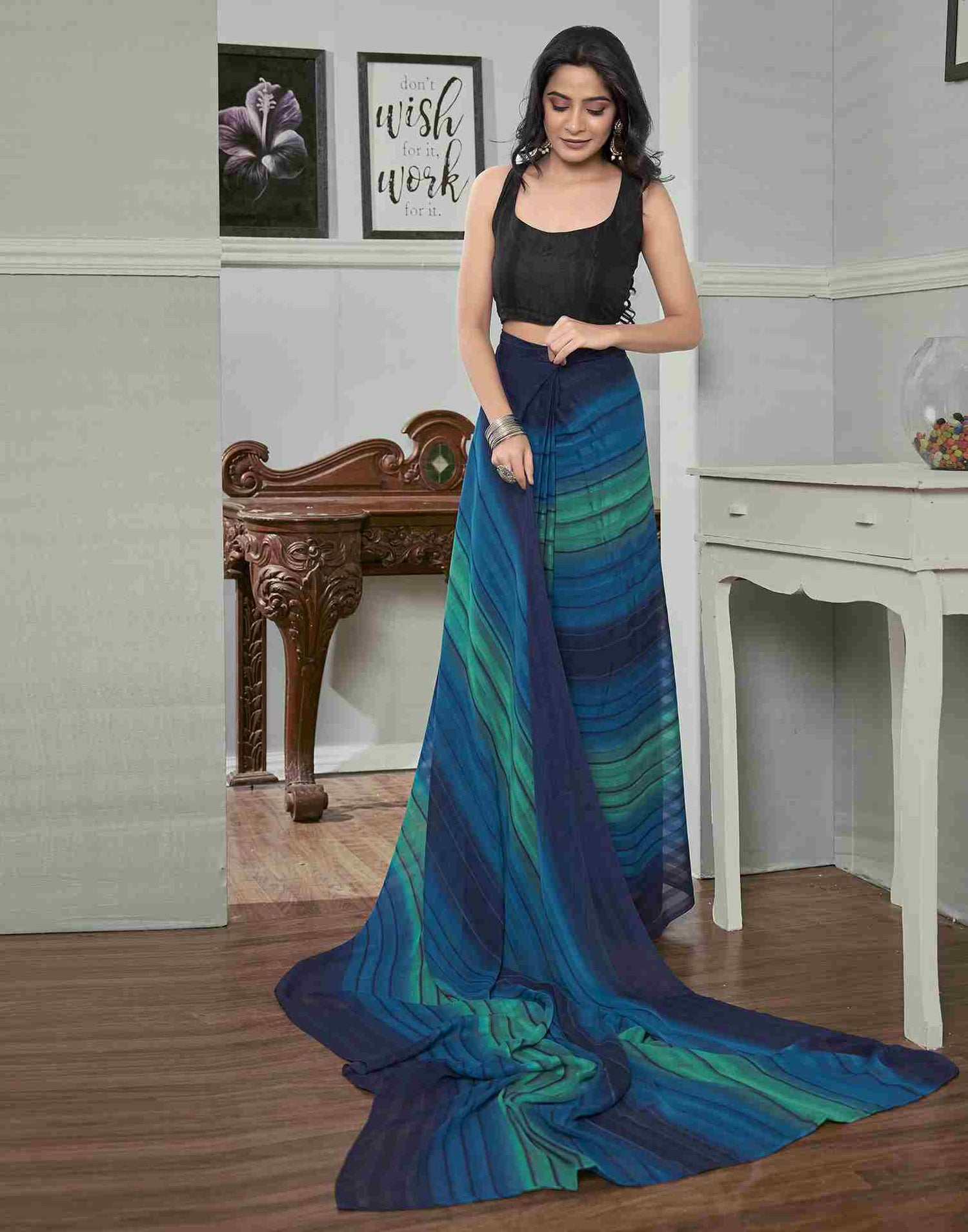 Ready To Wear Navy Blue Georgette Printed Plain Saree